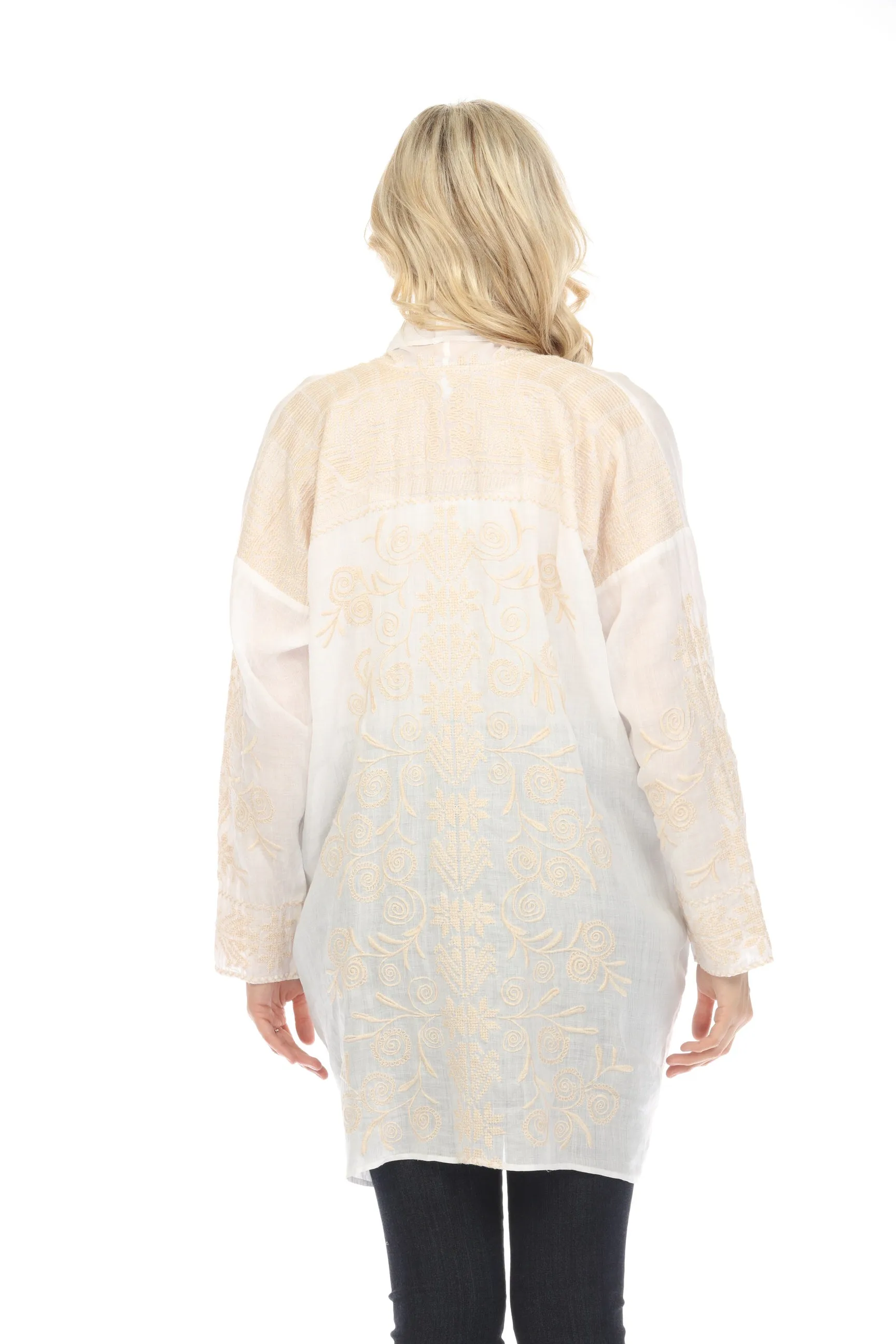 Johnny Was Workshop White Embroidered Open Front Kimono Boho Chic W45524