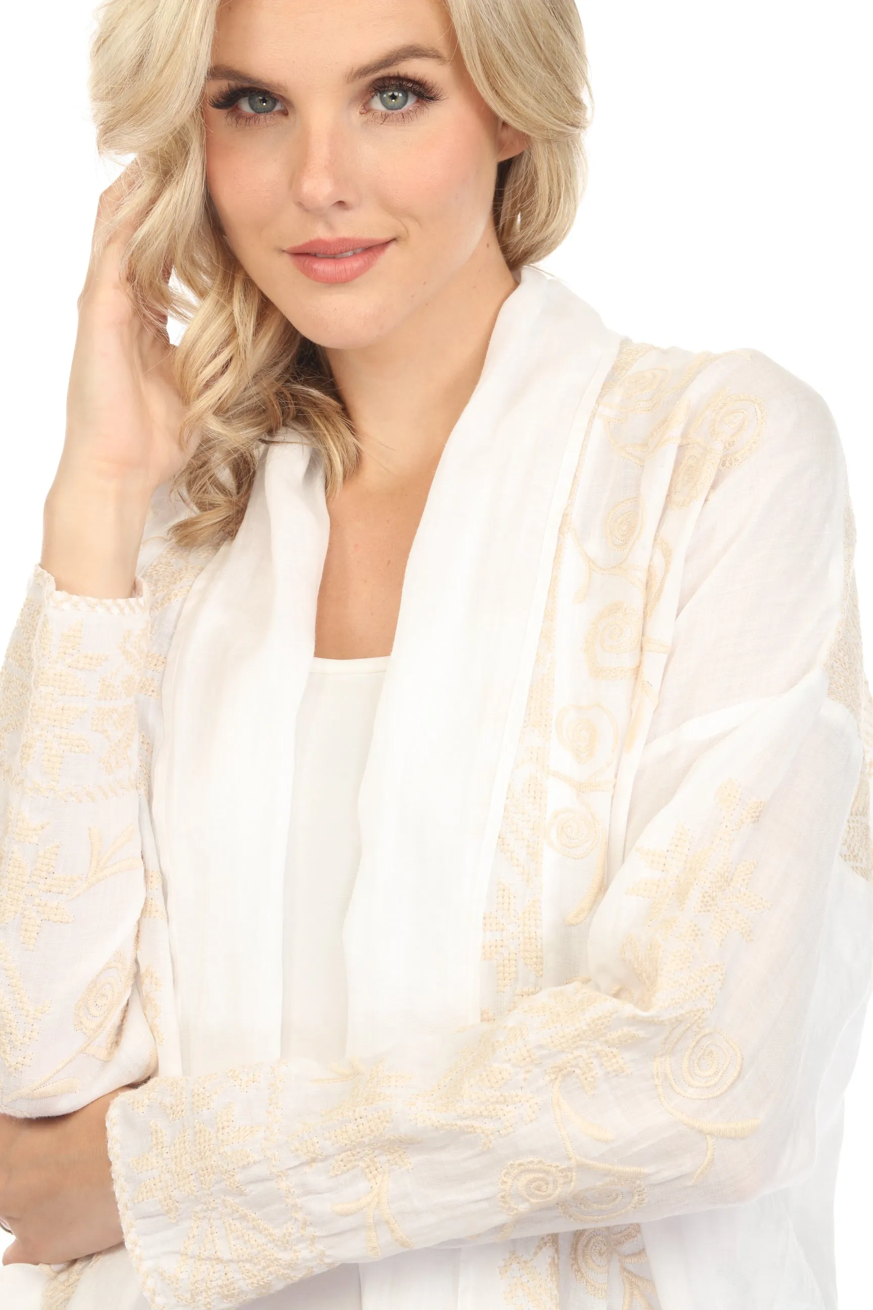 Johnny Was Workshop White Embroidered Open Front Kimono Boho Chic W45524