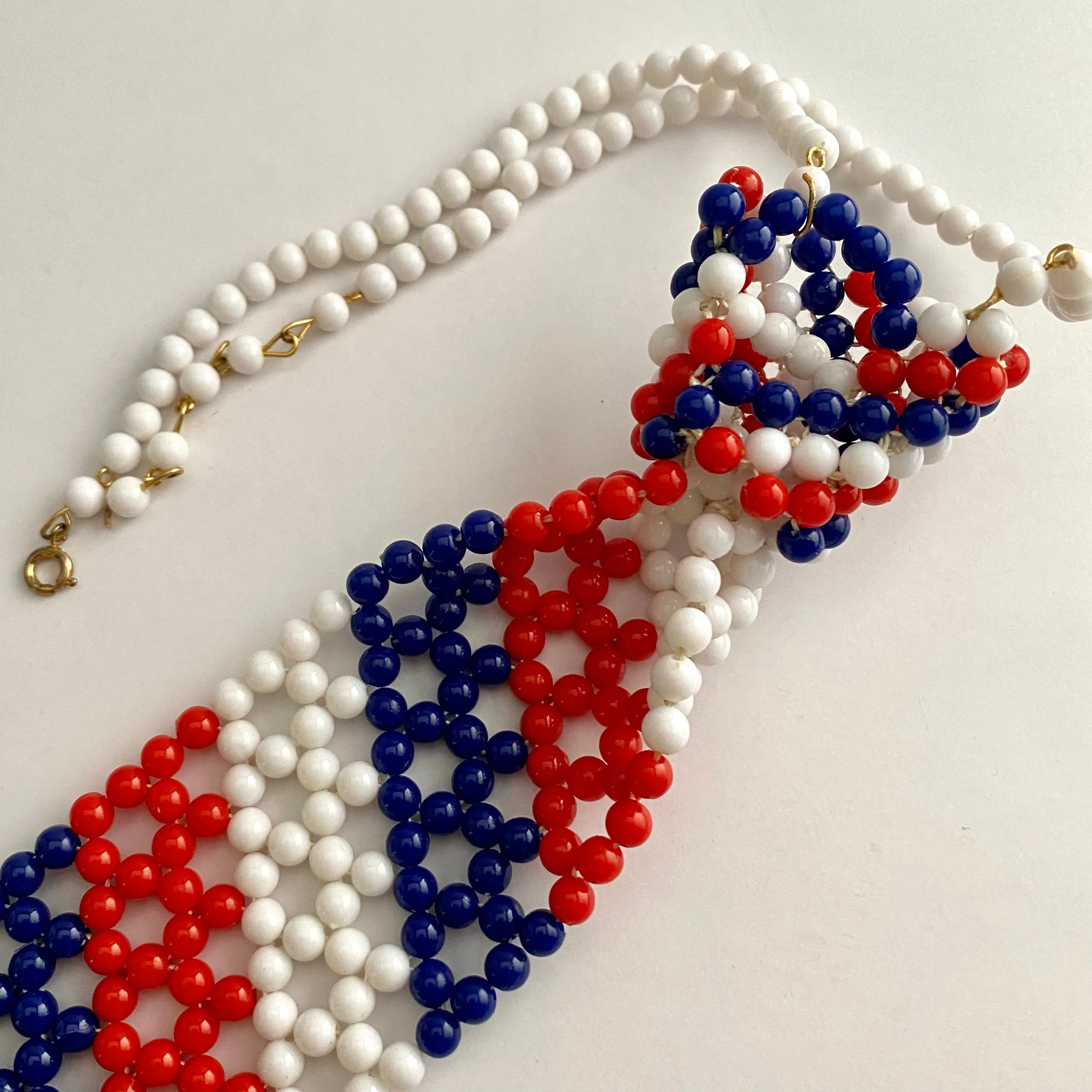 Late 60s/ Early 70s Red, White & Blue Beaded Necktie Necklace