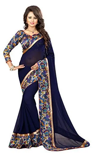 Livie Women's Georgette Sarees Party Wear/Fancy Georgette Sarees/Printed Georgette Sarees - Indigo Blue