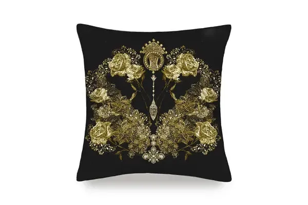 Mayfairsilk Black and Gold Roses Pure Silk Cushion Cover