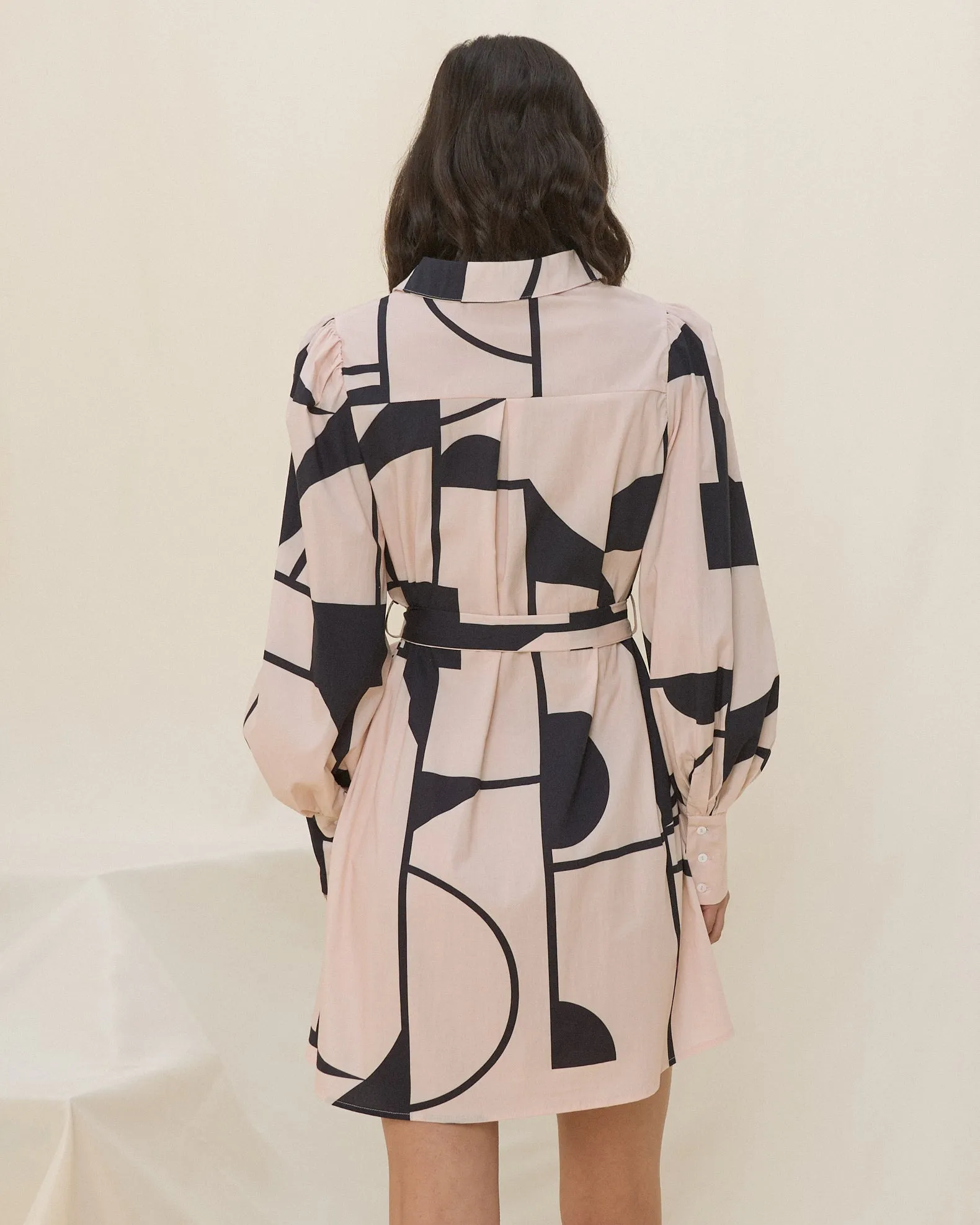 Meiro Blush Pink and Black Abstract Geo Mini Dress