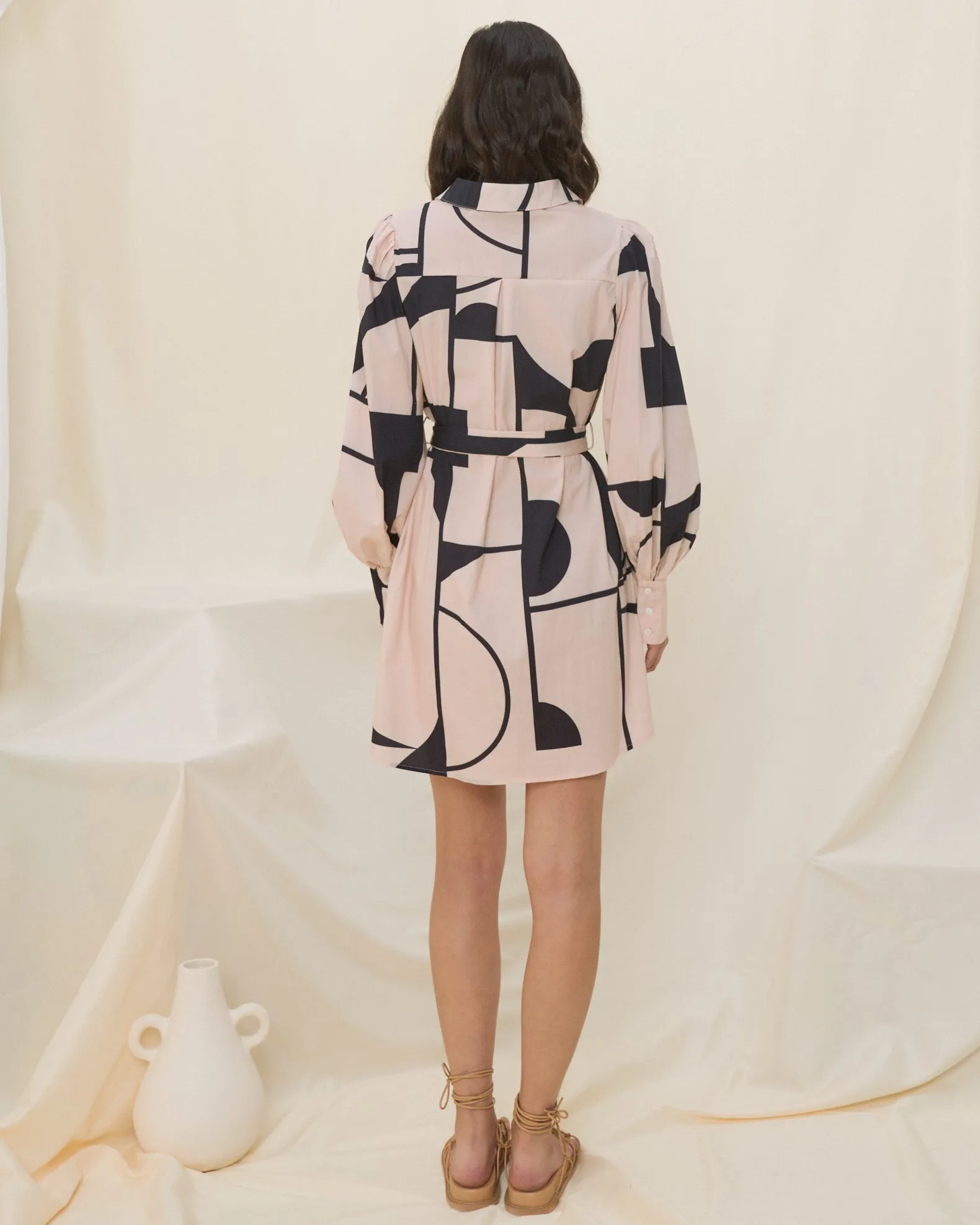 Meiro Blush Pink and Black Abstract Geo Mini Dress