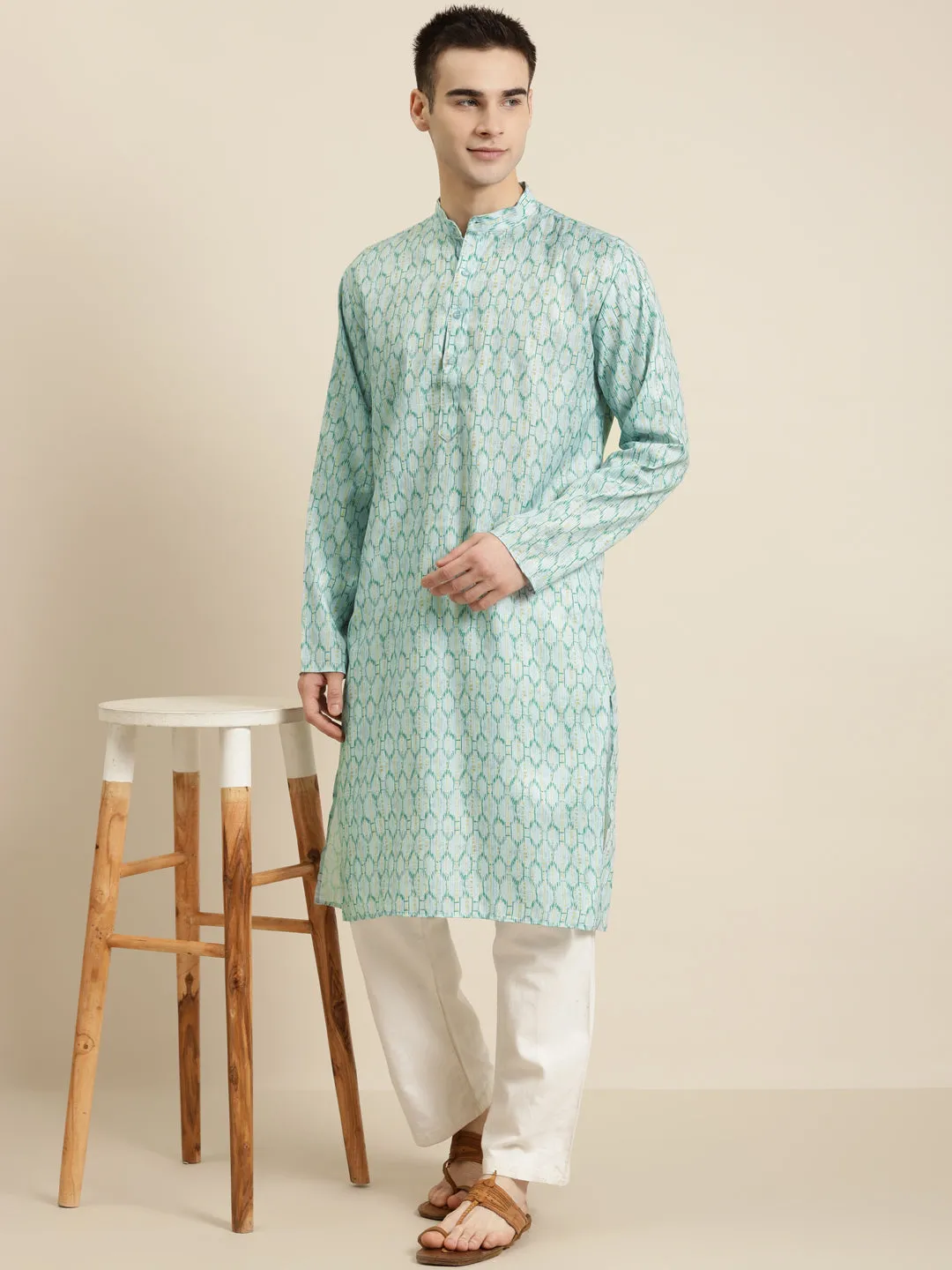Men's Cotton Sea Green Printed ONLY Kurta  - Sojanya