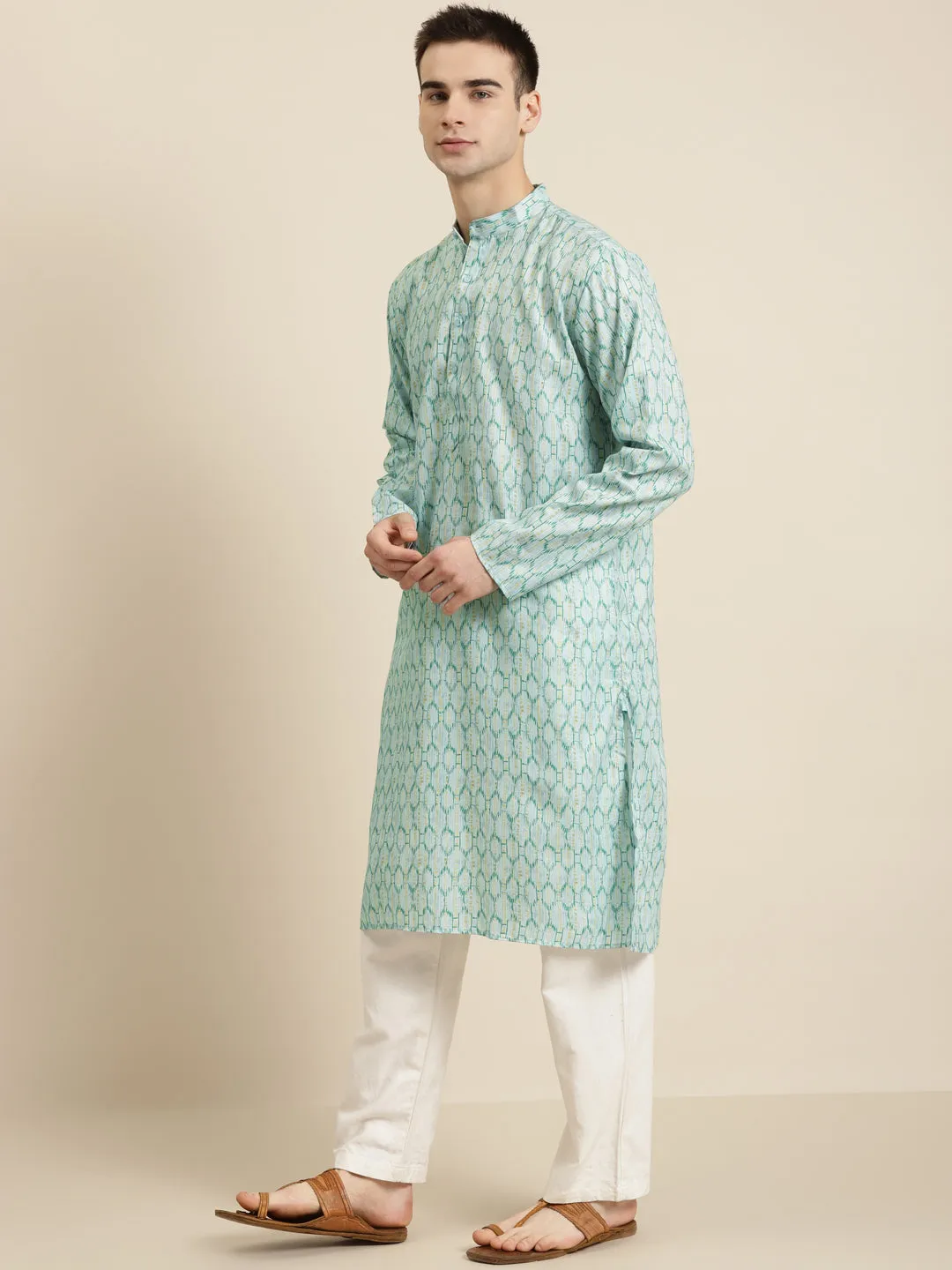 Men's Cotton Sea Green Printed ONLY Kurta  - Sojanya