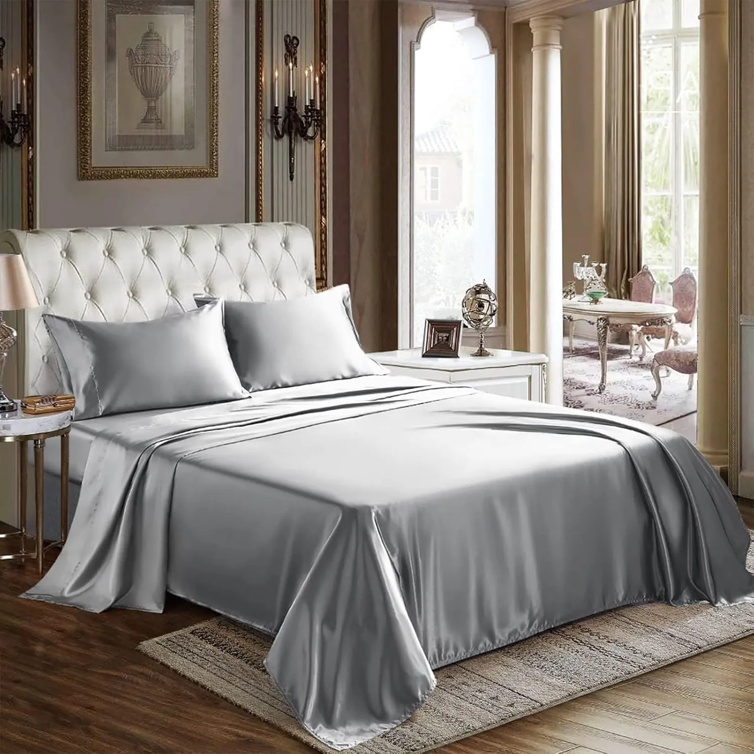 Mush 400TC Luxurious Satin Silk King Size Flat Sheet with 2 Pillow Covers - Silky Soft, Skin-Friendly, Breathable, Durable Premium Bedding | 108 X 108 Inches (Pearl Grey, King Flat)