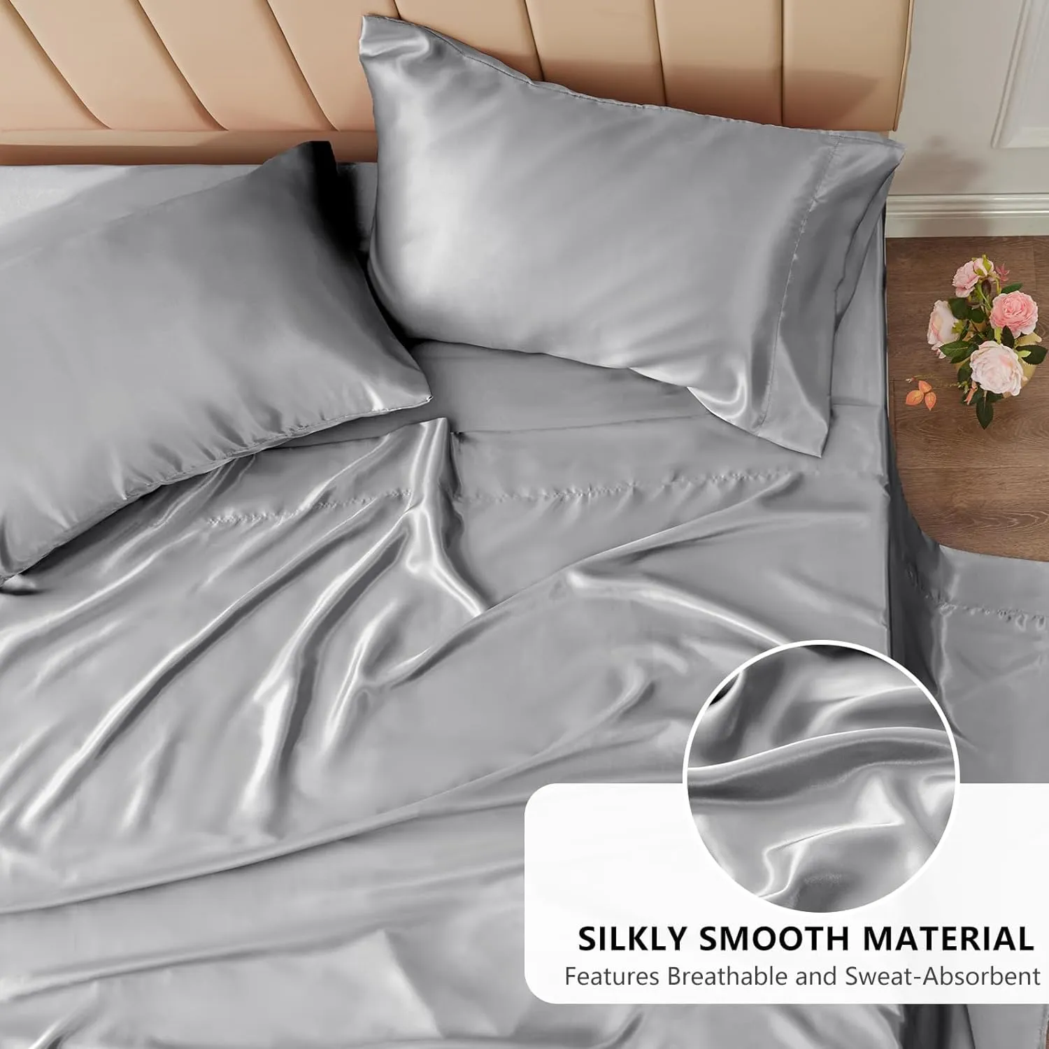 Mush 400TC Luxurious Satin Silk King Size Flat Sheet with 2 Pillow Covers - Silky Soft, Skin-Friendly, Breathable, Durable Premium Bedding | 108 X 108 Inches (Pearl Grey, King Flat)