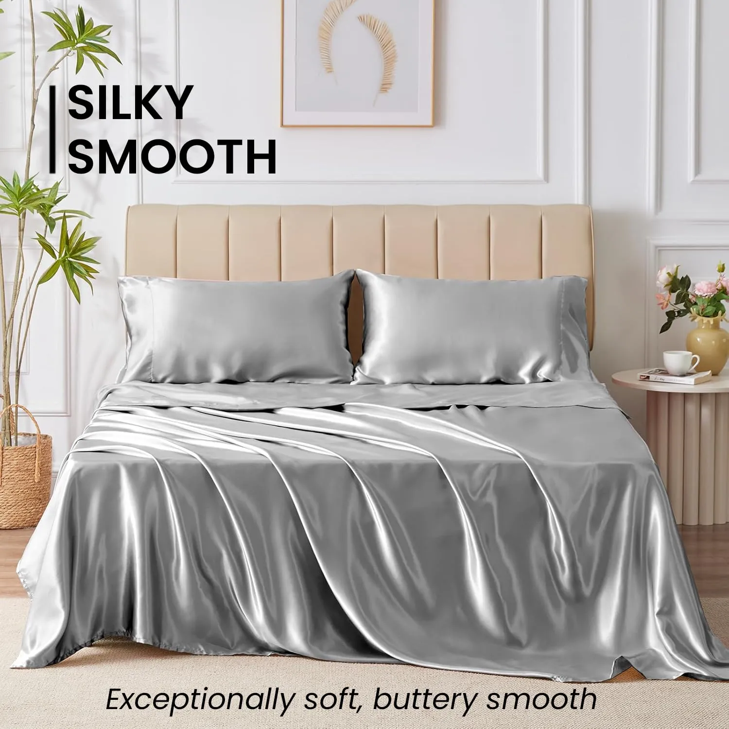 Mush 400TC Luxurious Satin Silk King Size Flat Sheet with 2 Pillow Covers - Silky Soft, Skin-Friendly, Breathable, Durable Premium Bedding | 108 X 108 Inches (Pearl Grey, King Flat)