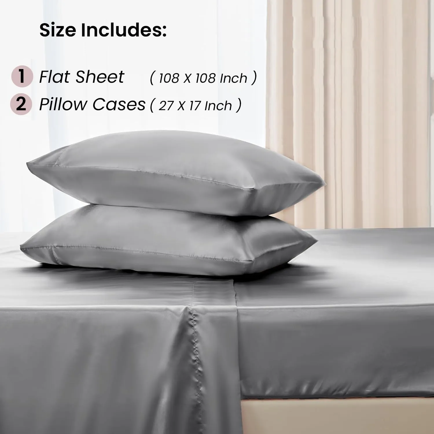 Mush 400TC Luxurious Satin Silk King Size Flat Sheet with 2 Pillow Covers - Silky Soft, Skin-Friendly, Breathable, Durable Premium Bedding | 108 X 108 Inches (Pearl Grey, King Flat)