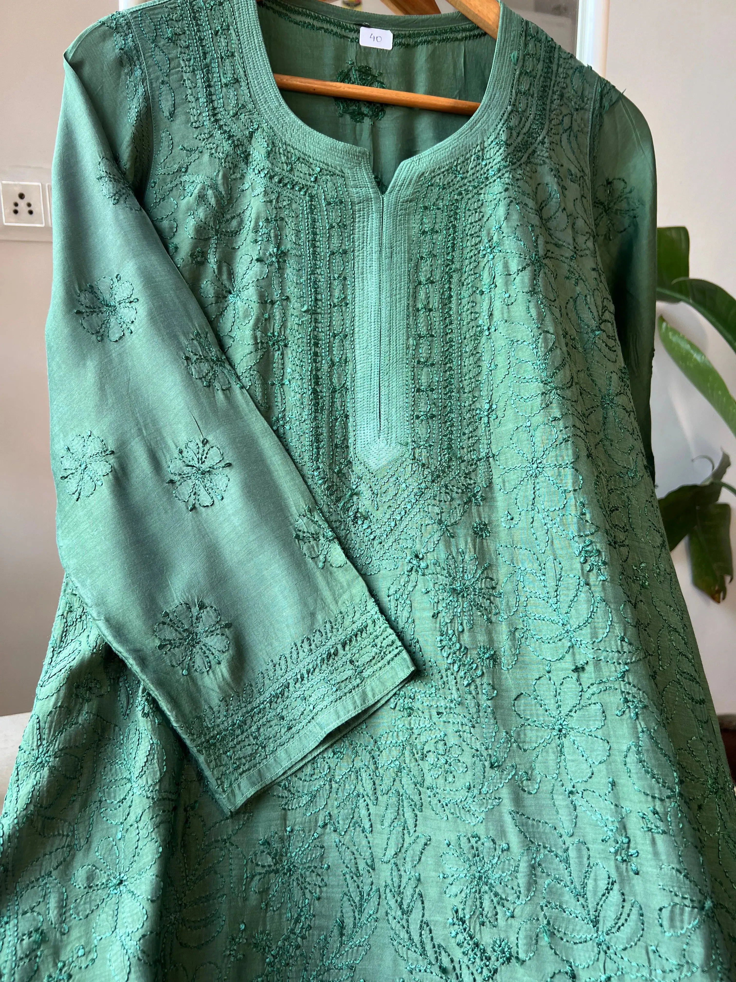 Muslin Chikankari Kurti - Dark Green