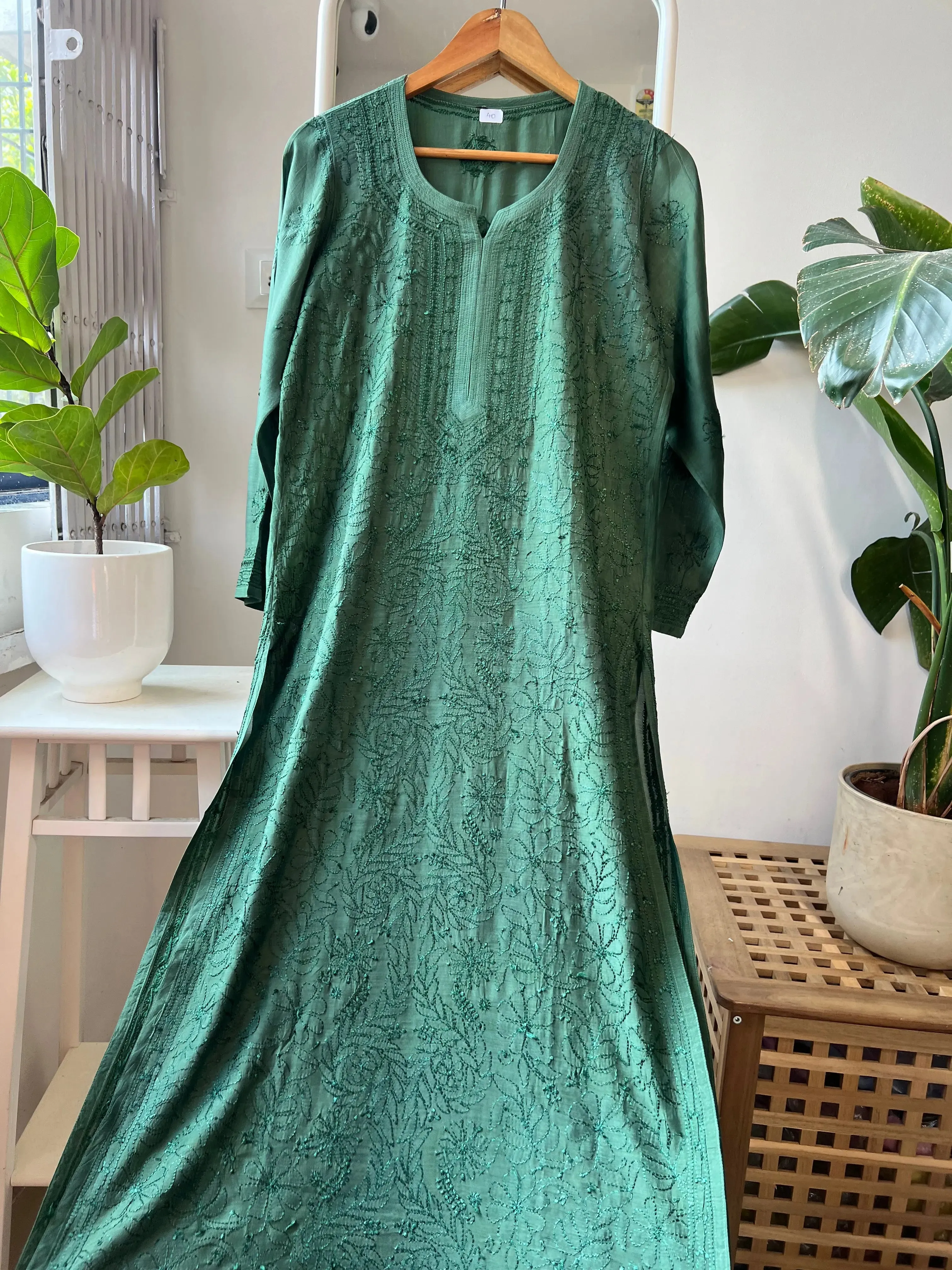 Muslin Chikankari Kurti - Dark Green