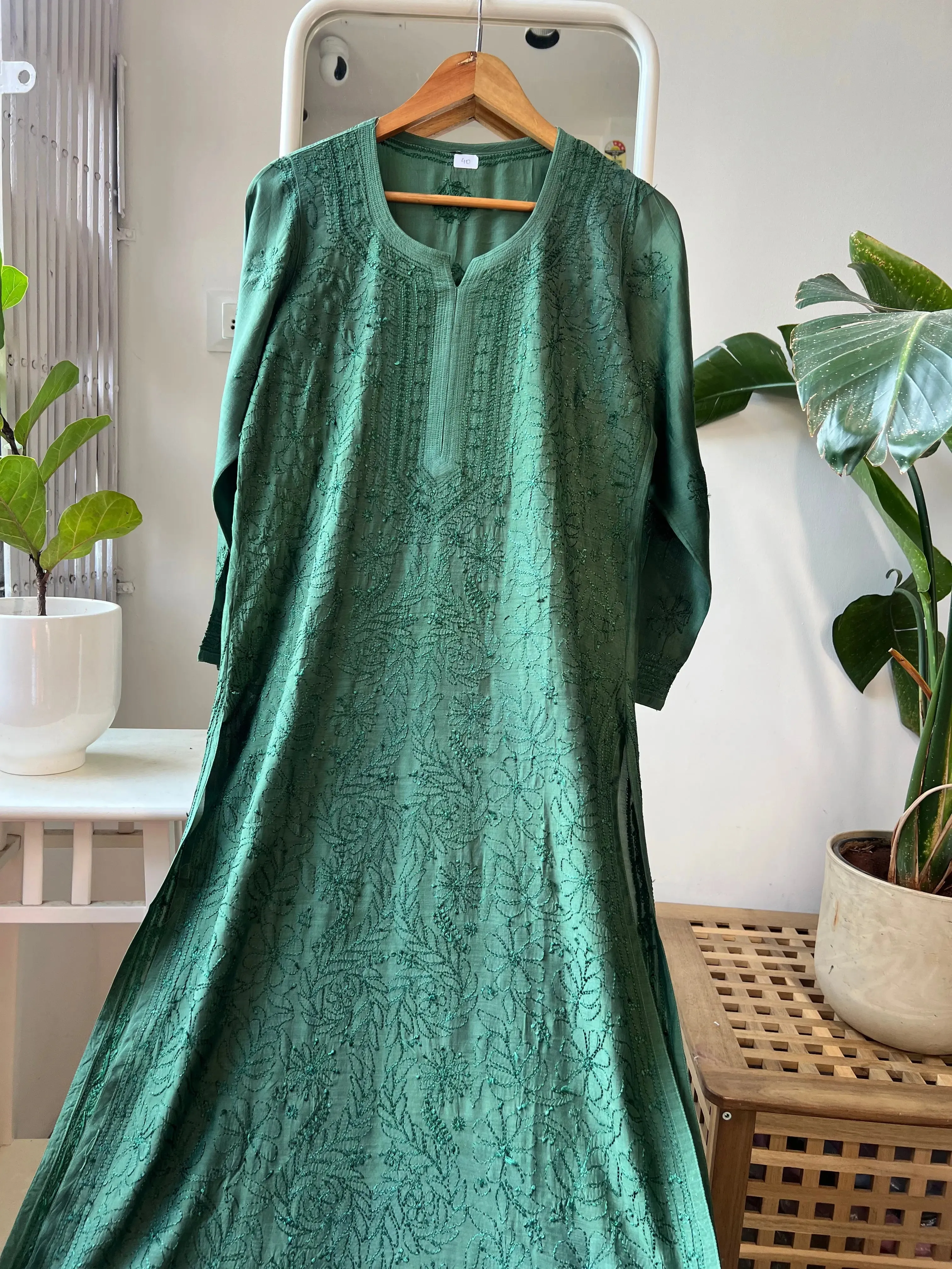 Muslin Chikankari Kurti - Dark Green
