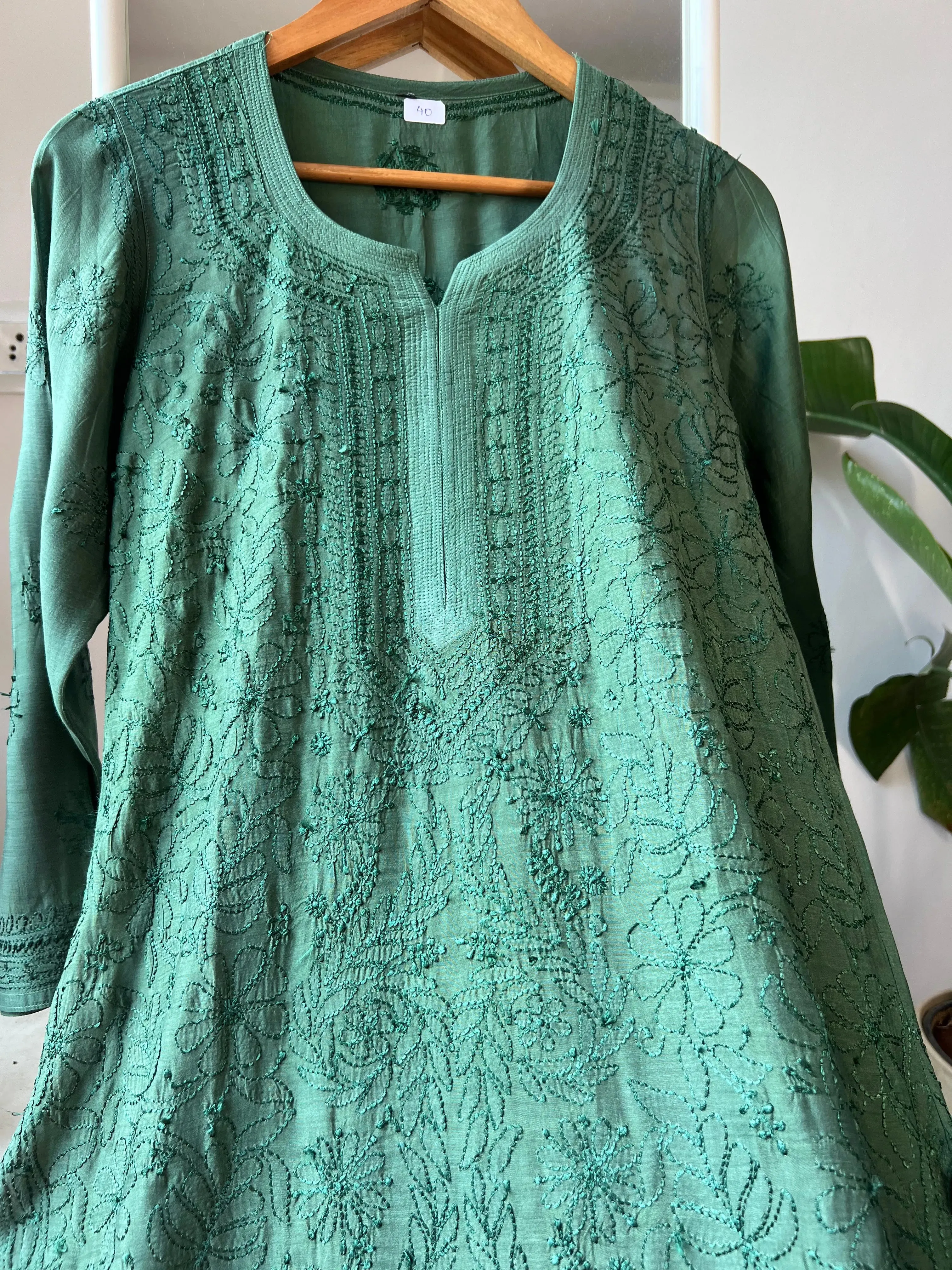 Muslin Chikankari Kurti - Dark Green