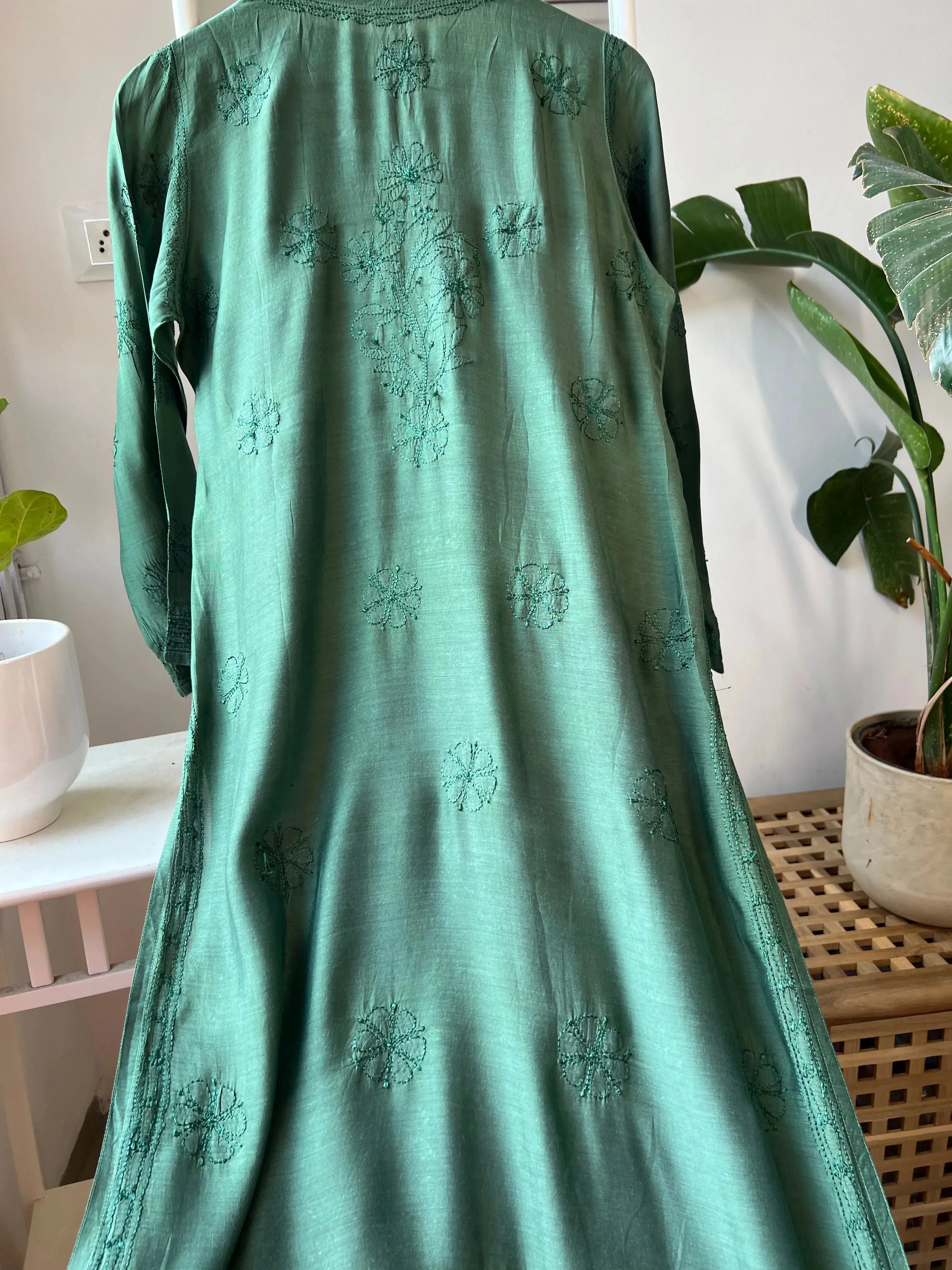 Muslin Chikankari Kurti - Dark Green