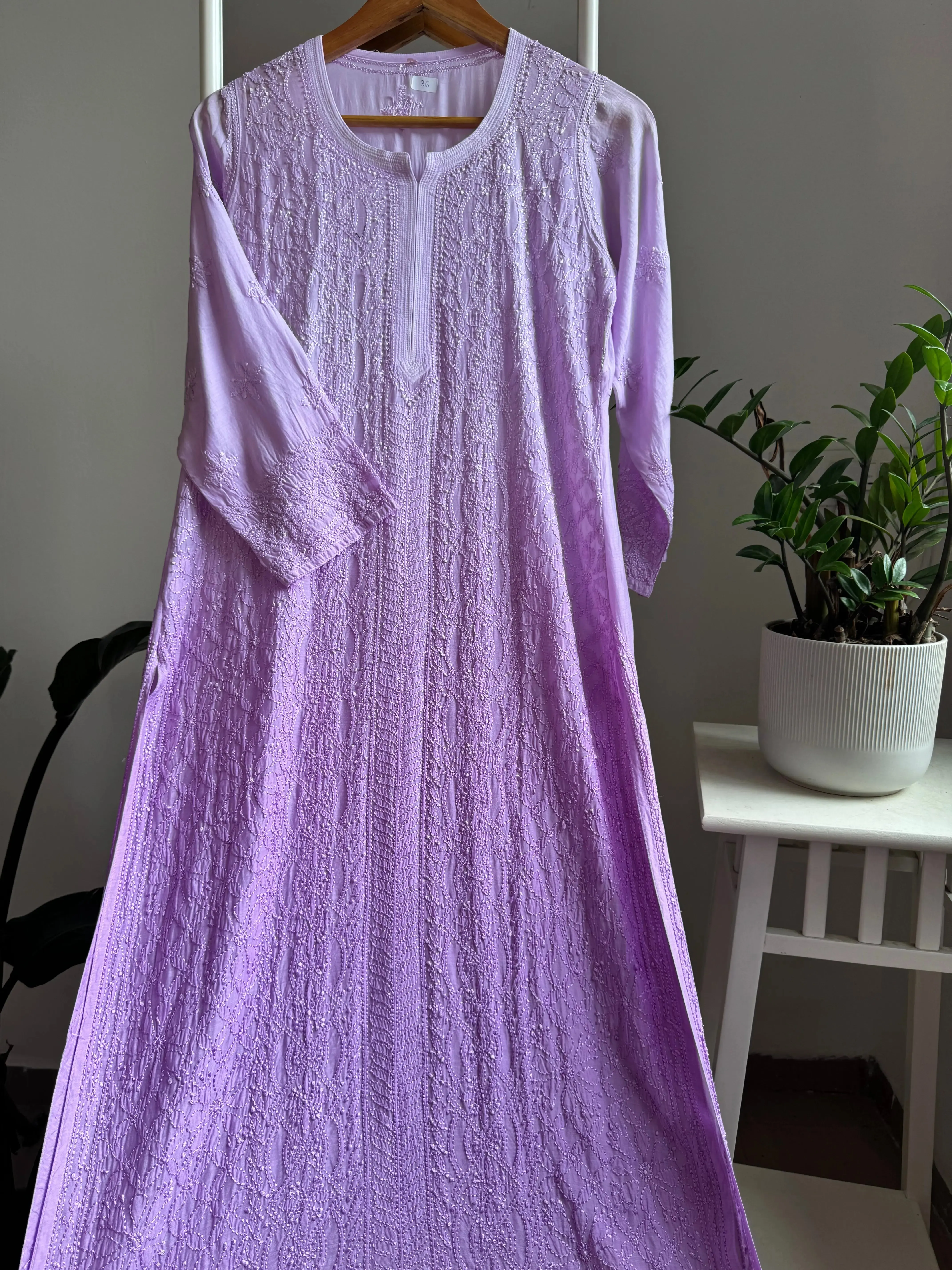 Muslin Chikankari Kurti - Lavander Ombre