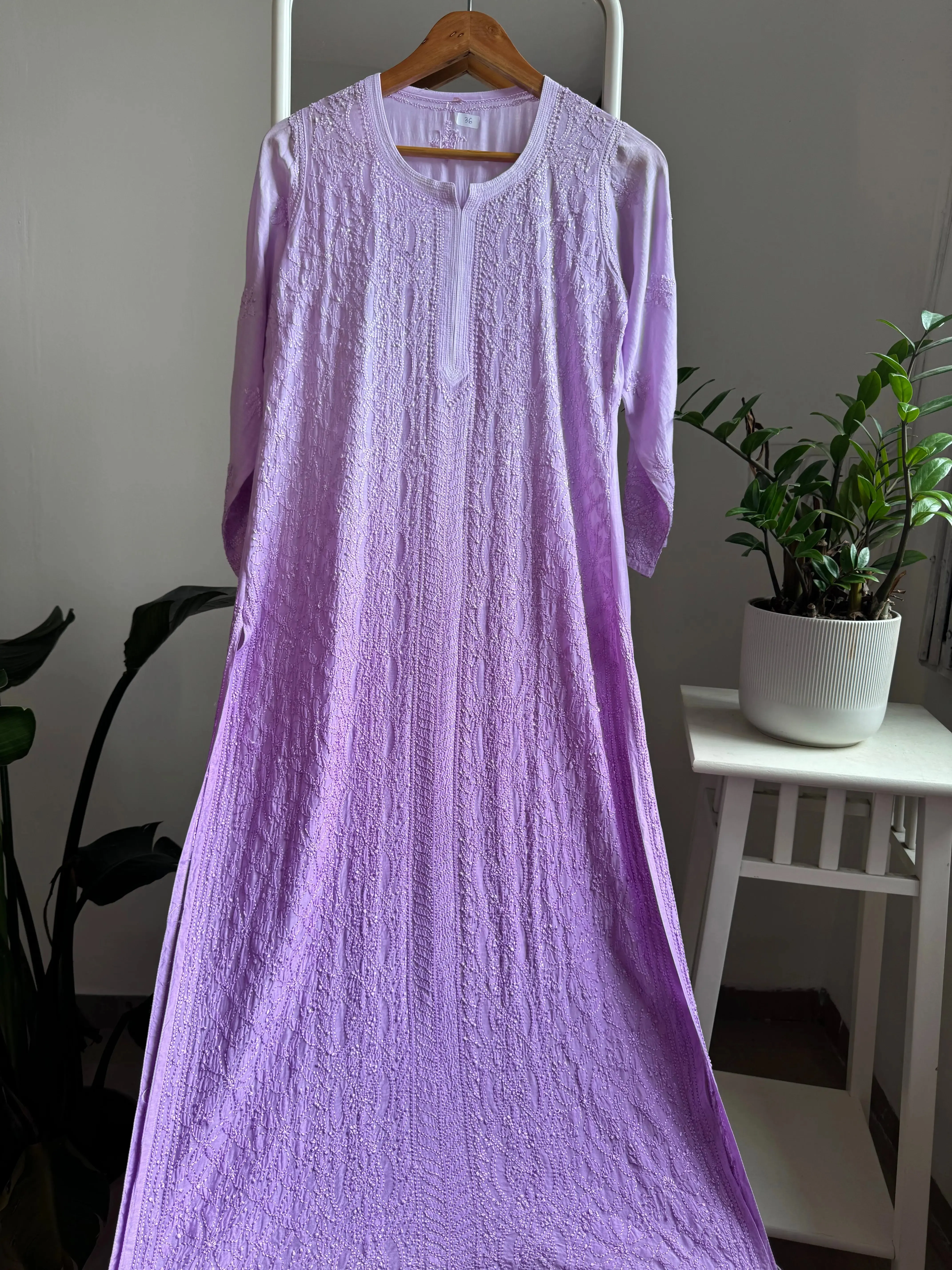 Muslin Chikankari Kurti - Lavander Ombre