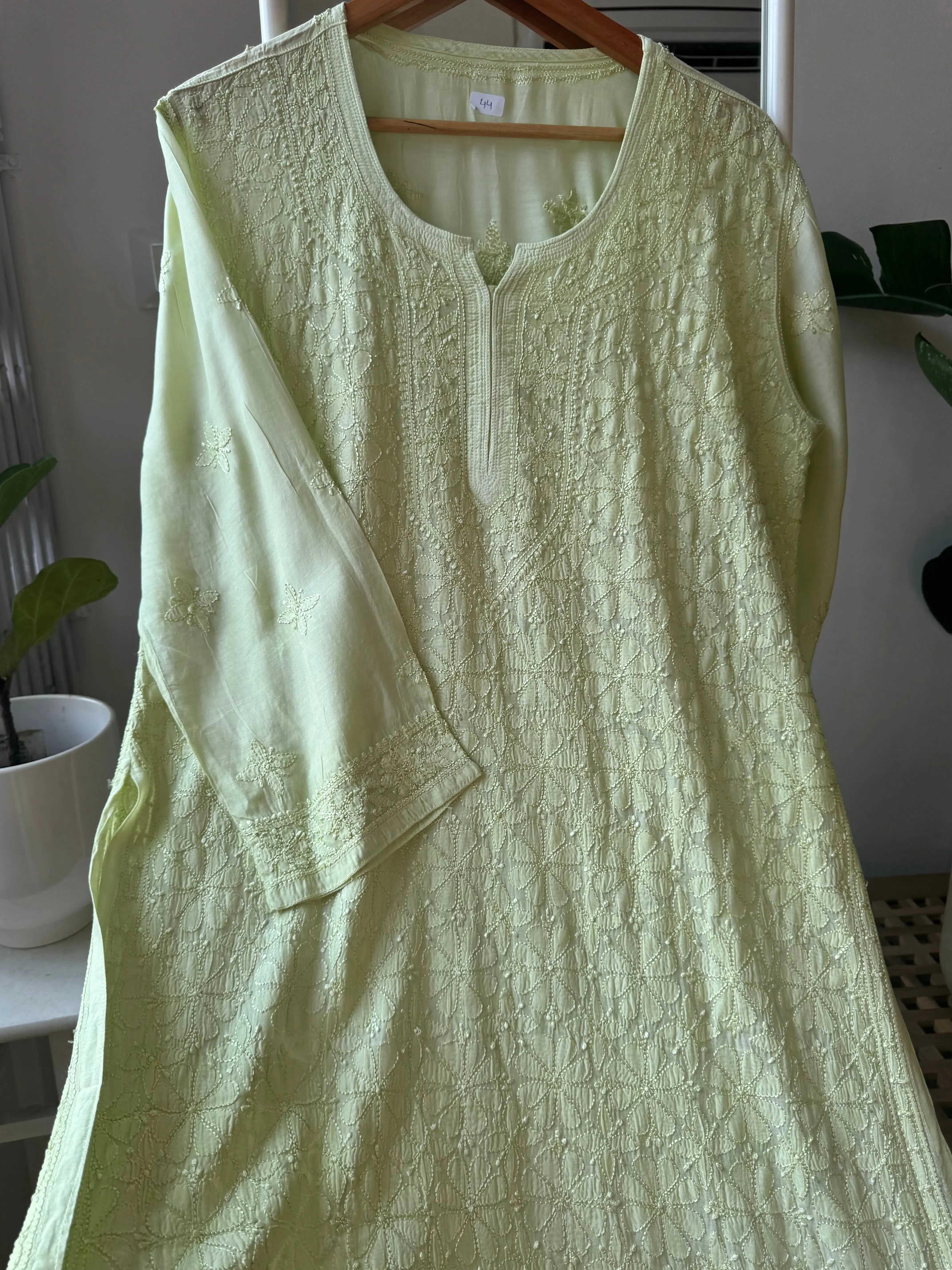 Muslin Chikankari Kurti - Light Green