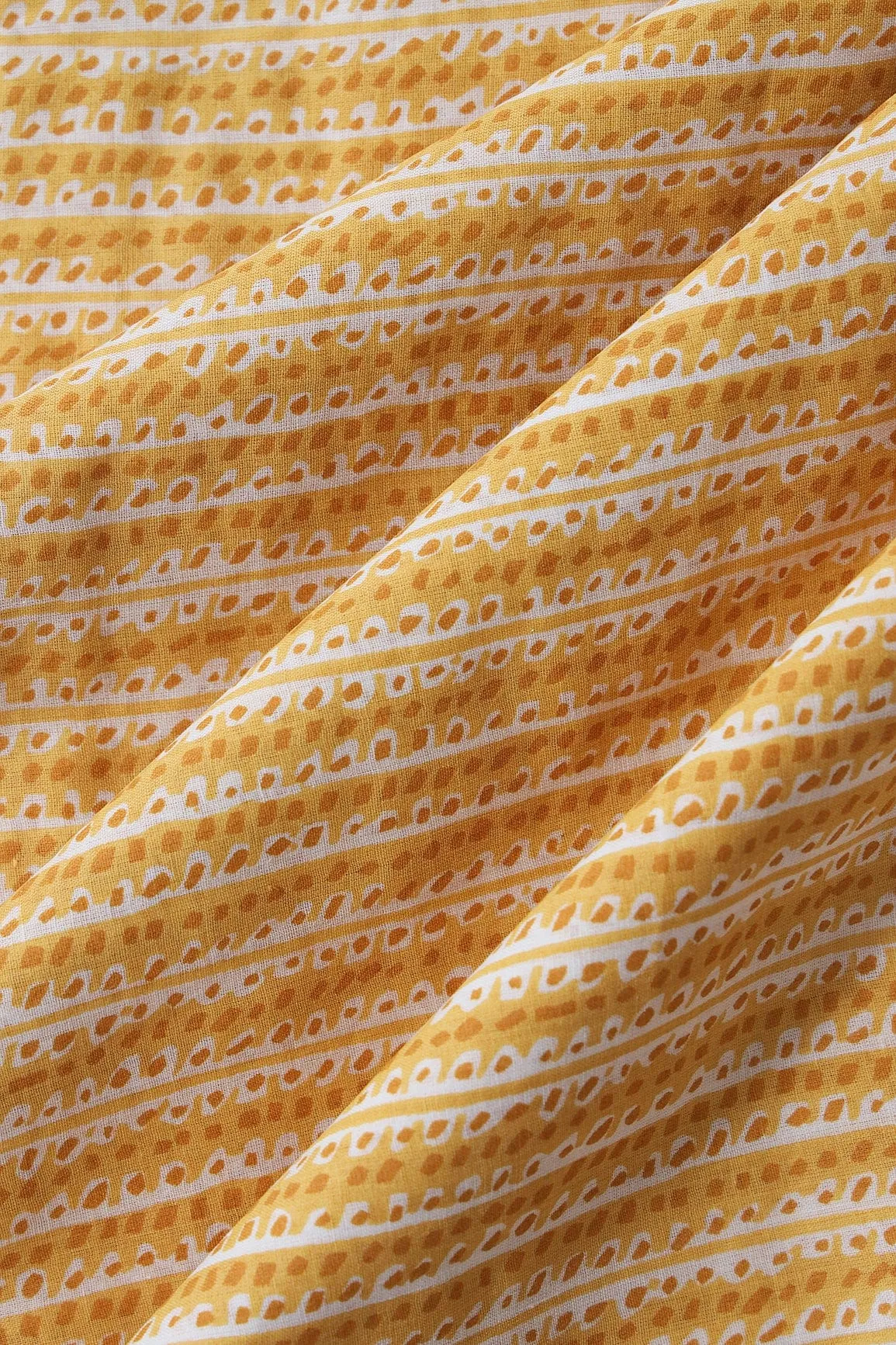 Mustard Yellow And White Stripes Print On Pure Cotton Fabric