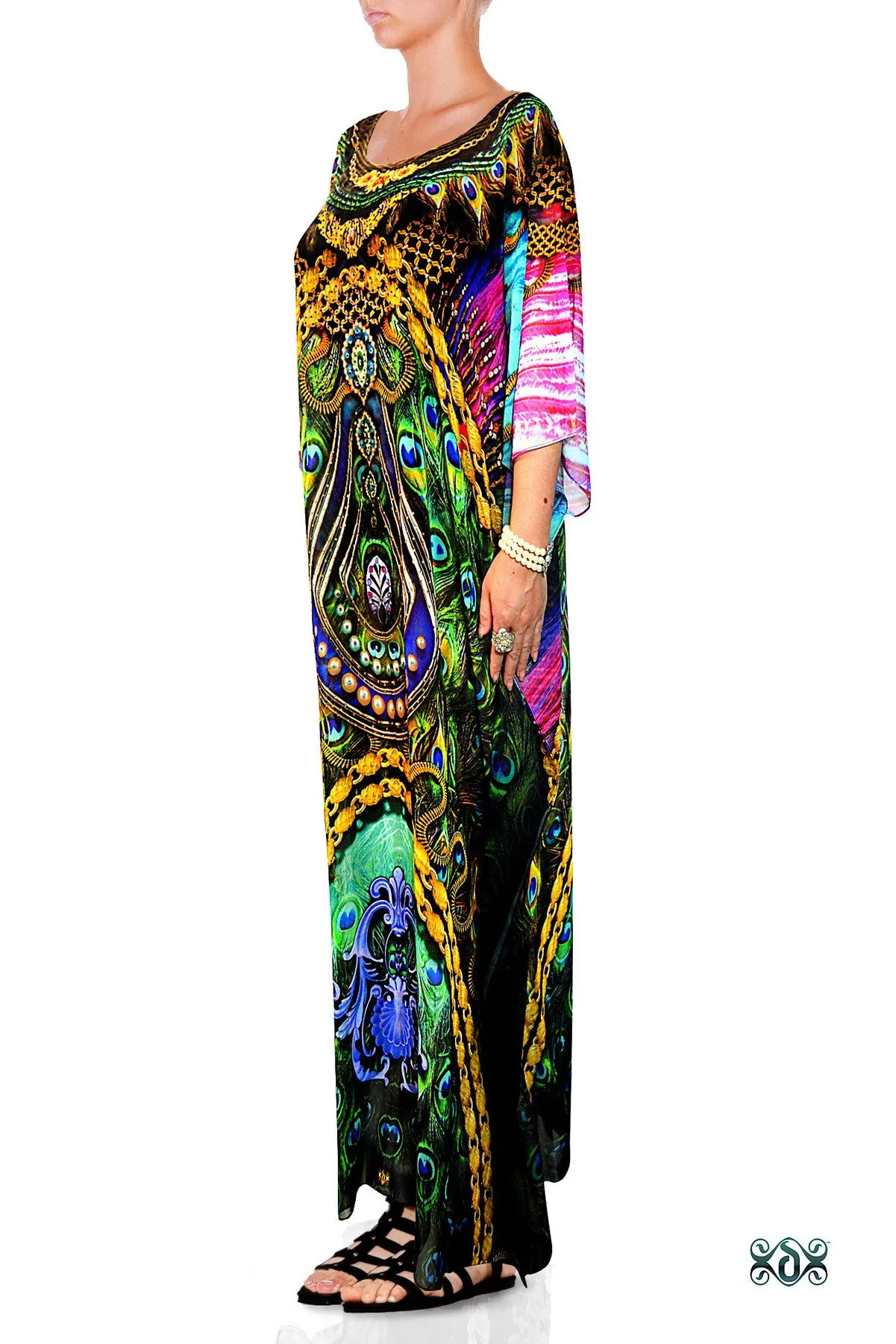 NATURE MORTE Ornate Peacock Feathers Devarshy Long Embellished Kaftan - 1119A