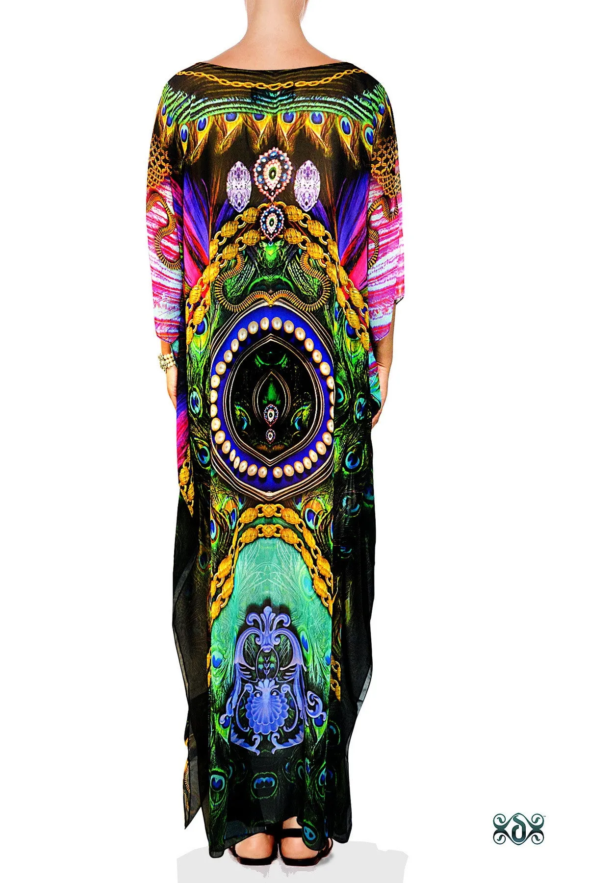 NATURE MORTE Ornate Peacock Feathers Devarshy Long Embellished Kaftan - 1119A