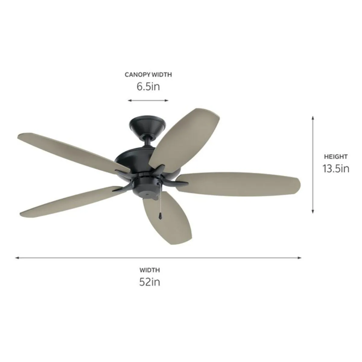 Renew Patio 52 Inch Satin Black Damp Rated Ceiling Fan with Pull Chain