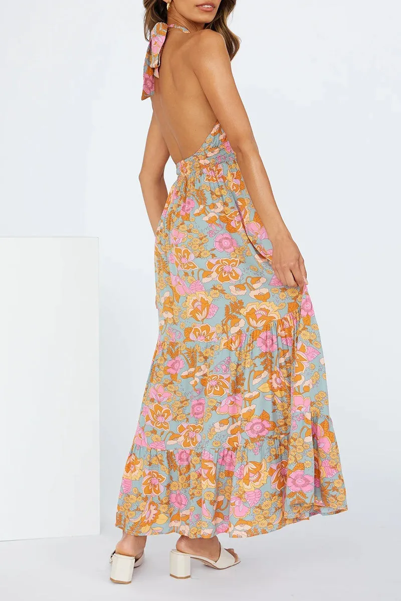 Sexy Vacation Floral Bandage Flounce With Bow Printed Dress Dresses