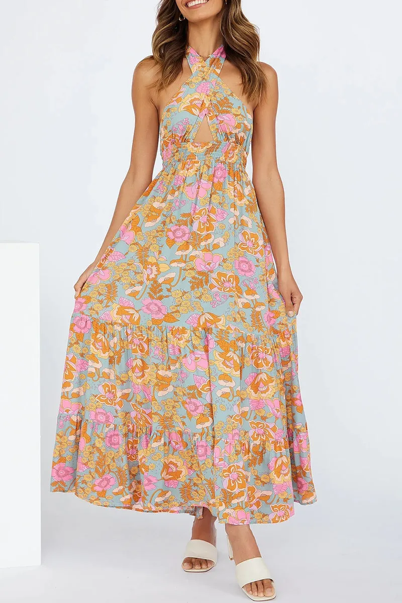 Sexy Vacation Floral Bandage Flounce With Bow Printed Dress Dresses