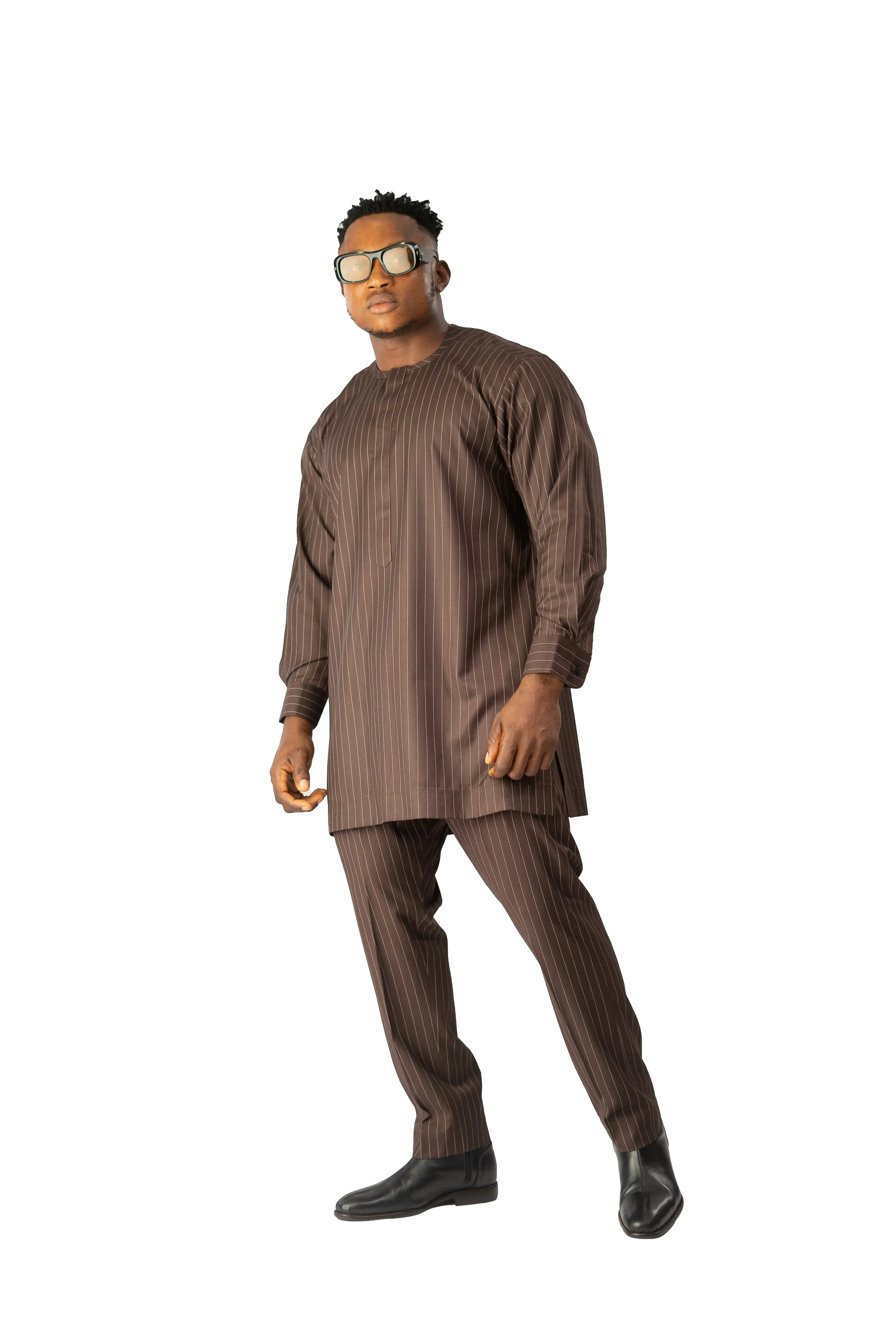 Standard Length Long Sleeve Wool Matching Set in Coffee Brown Pinstripe