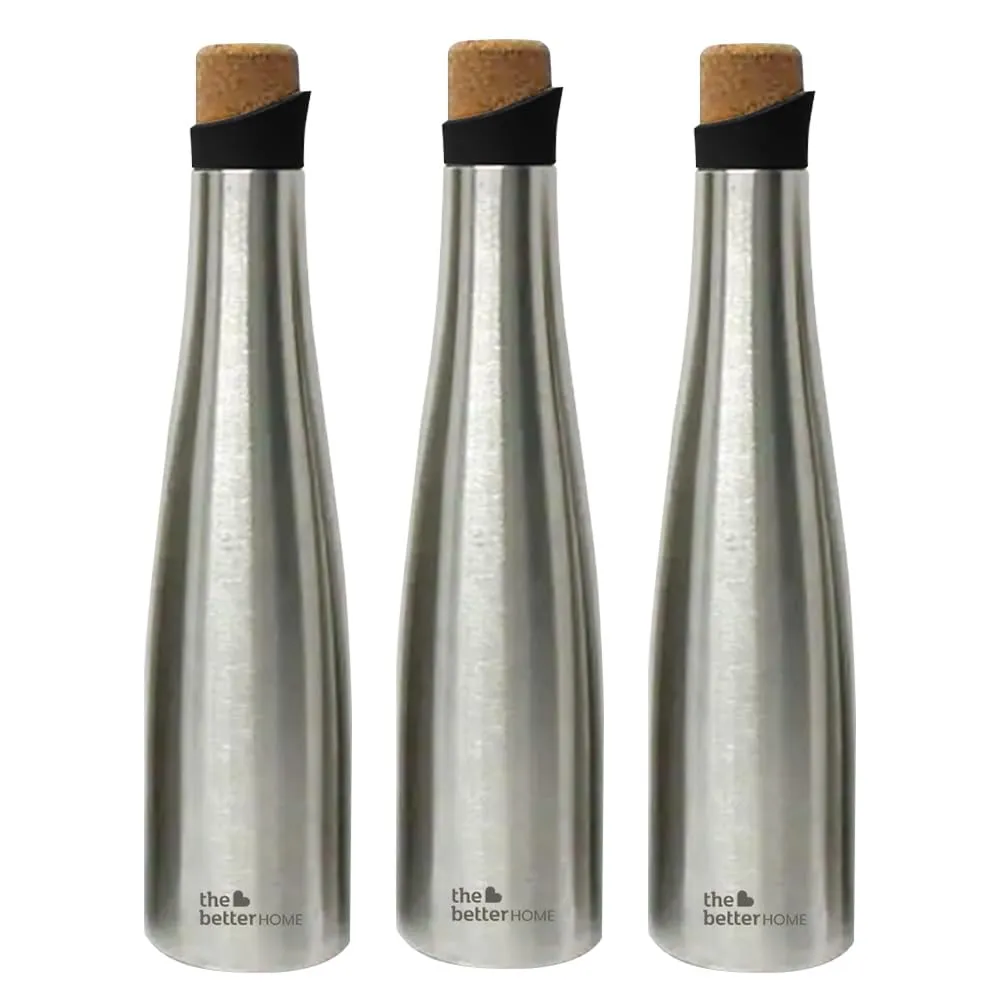 The Better Home Insulated Stainless Steel Water Bottle with Cork Cap | 18 Hours Insulation | Pack of 3-500ml Each | Hot Cold Water for Office School Gym | Leak Proof & BPA Free | Silver Colour