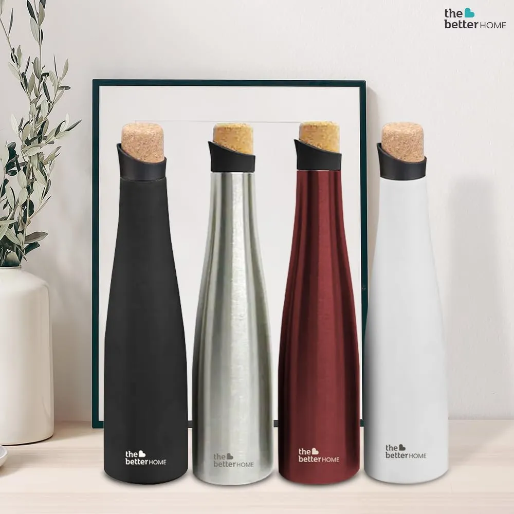 The Better Home Insulated Stainless Steel Water Bottle with Cork Cap | 18 Hours Insulation | Pack of 3-500ml Each | Hot Cold Water for Office School Gym | Leak Proof & BPA Free | Silver Colour