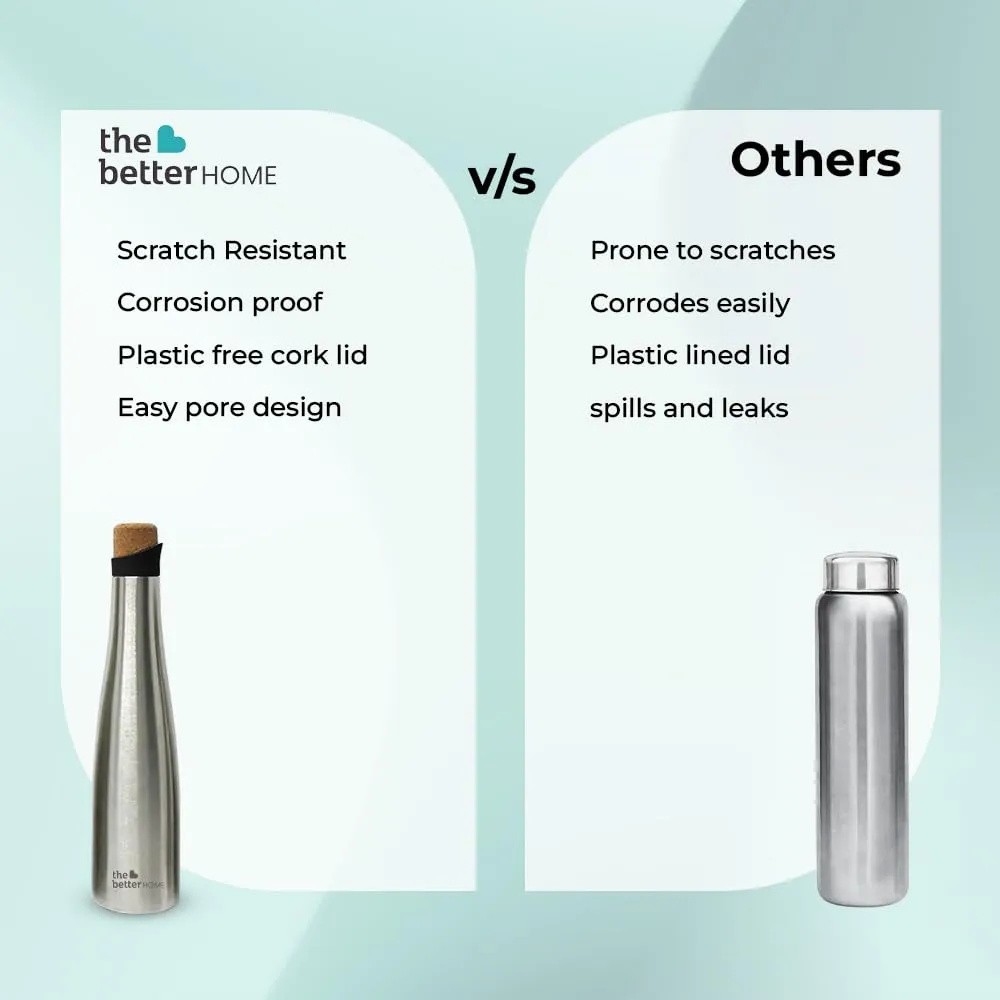 The Better Home Insulated Stainless Steel Water Bottle with Cork Cap | 18 Hours Insulation | Pack of 3-500ml Each | Hot Cold Water for Office School Gym | Leak Proof & BPA Free | Silver Colour