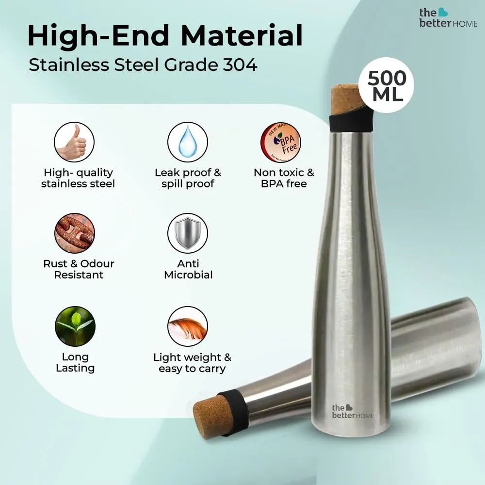 The Better Home Insulated Stainless Steel Water Bottle with Cork Cap | 18 Hours Insulation | Pack of 3-500ml Each | Hot Cold Water for Office School Gym | Leak Proof & BPA Free | Silver Colour