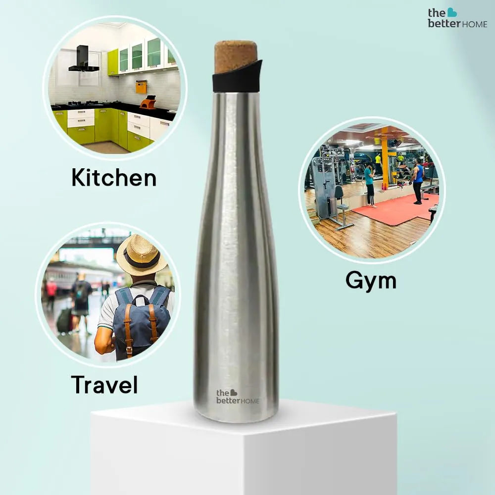 The Better Home Insulated Stainless Steel Water Bottle with Cork Cap | 18 Hours Insulation | Pack of 3-500ml Each | Hot Cold Water for Office School Gym | Leak Proof & BPA Free | Silver Colour