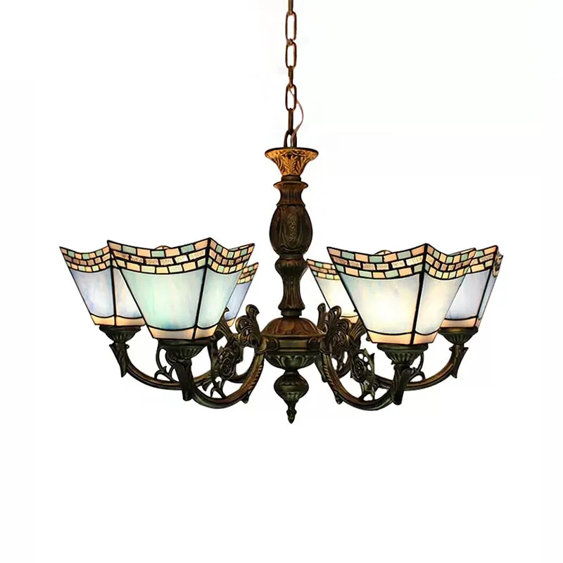 Tiffany-style 6-Light Geometric Chandelier for Dining Rooms with Art Glass Shade and Chain