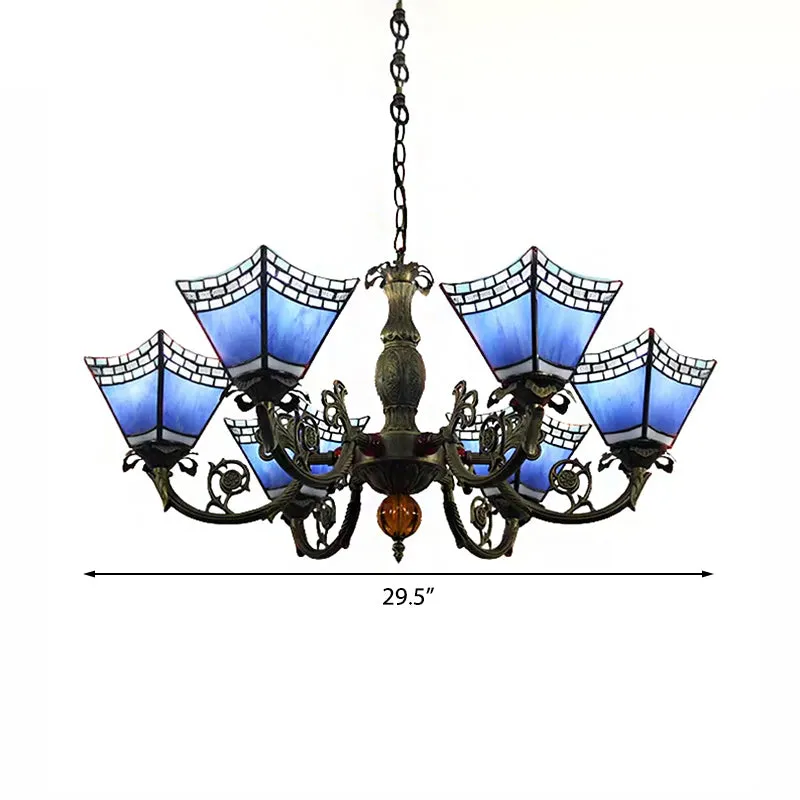 Tiffany-style 6-Light Geometric Chandelier for Dining Rooms with Art Glass Shade and Chain