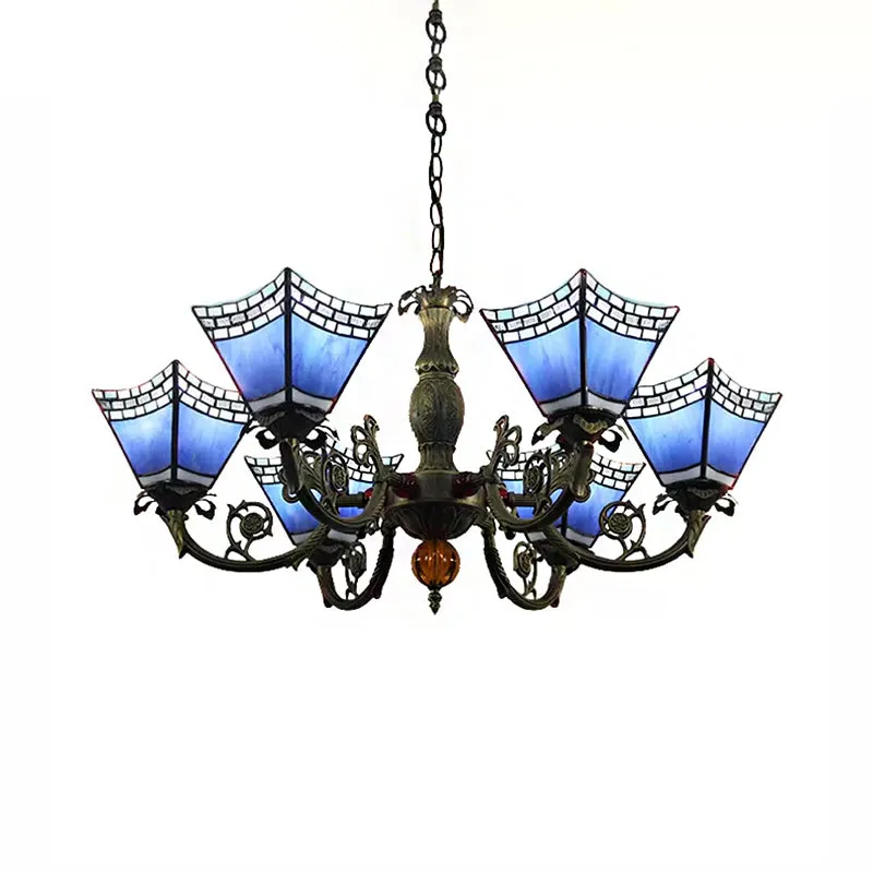 Tiffany-style 6-Light Geometric Chandelier for Dining Rooms with Art Glass Shade and Chain