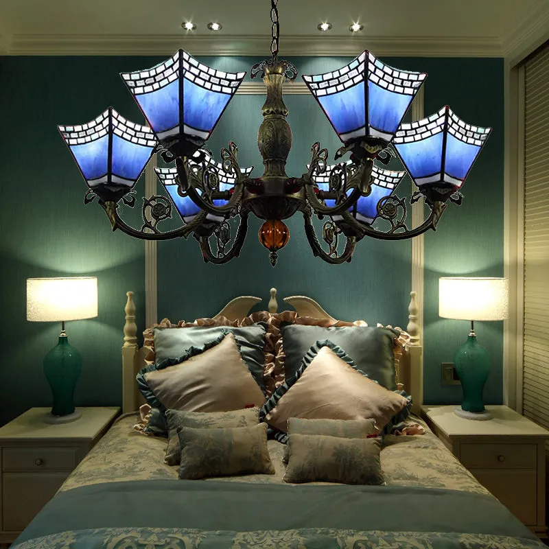 Tiffany-style 6-Light Geometric Chandelier for Dining Rooms with Art Glass Shade and Chain