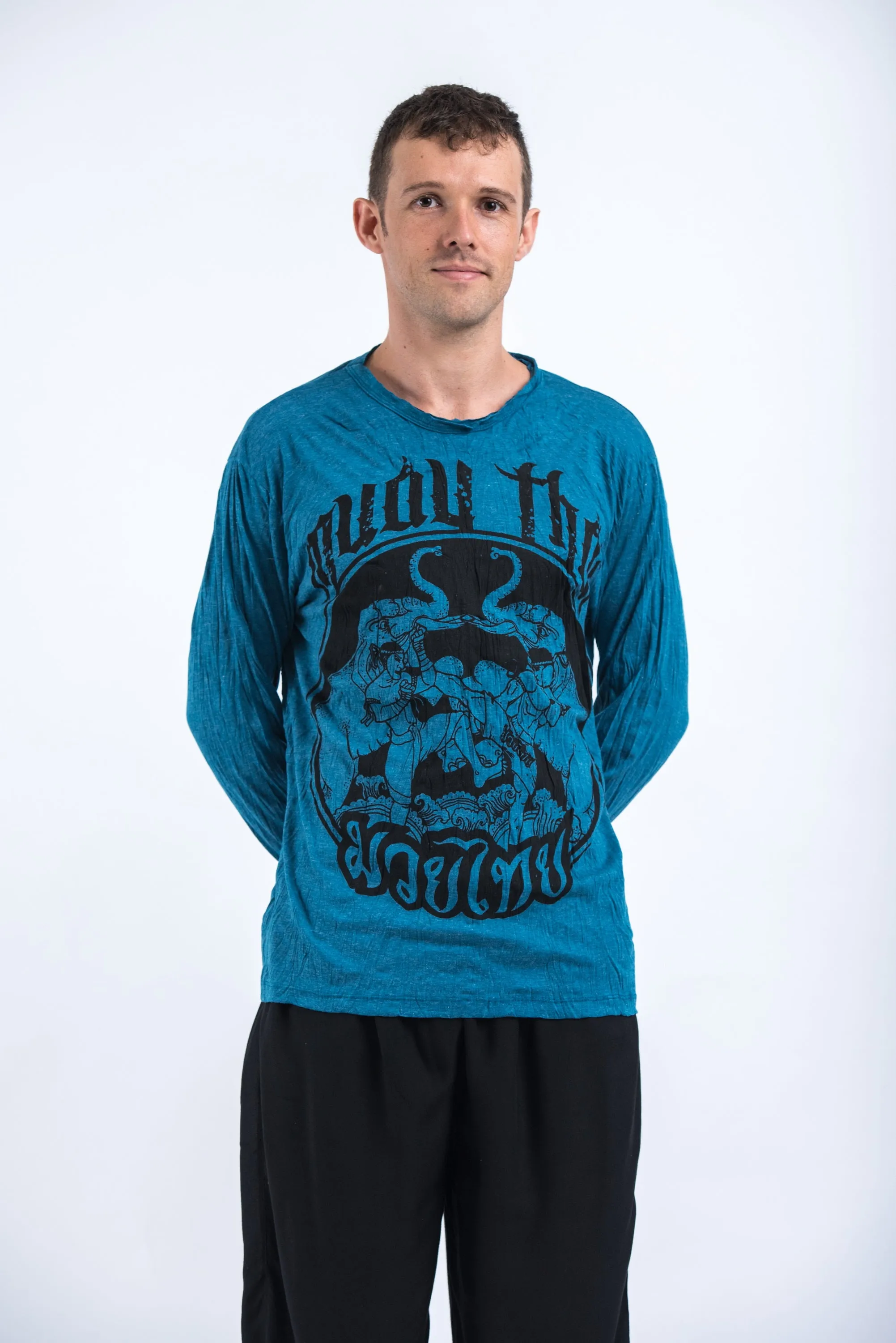 Unisex Muay Thai Fighting Long Sleeve T-Shirt in Denim Blue