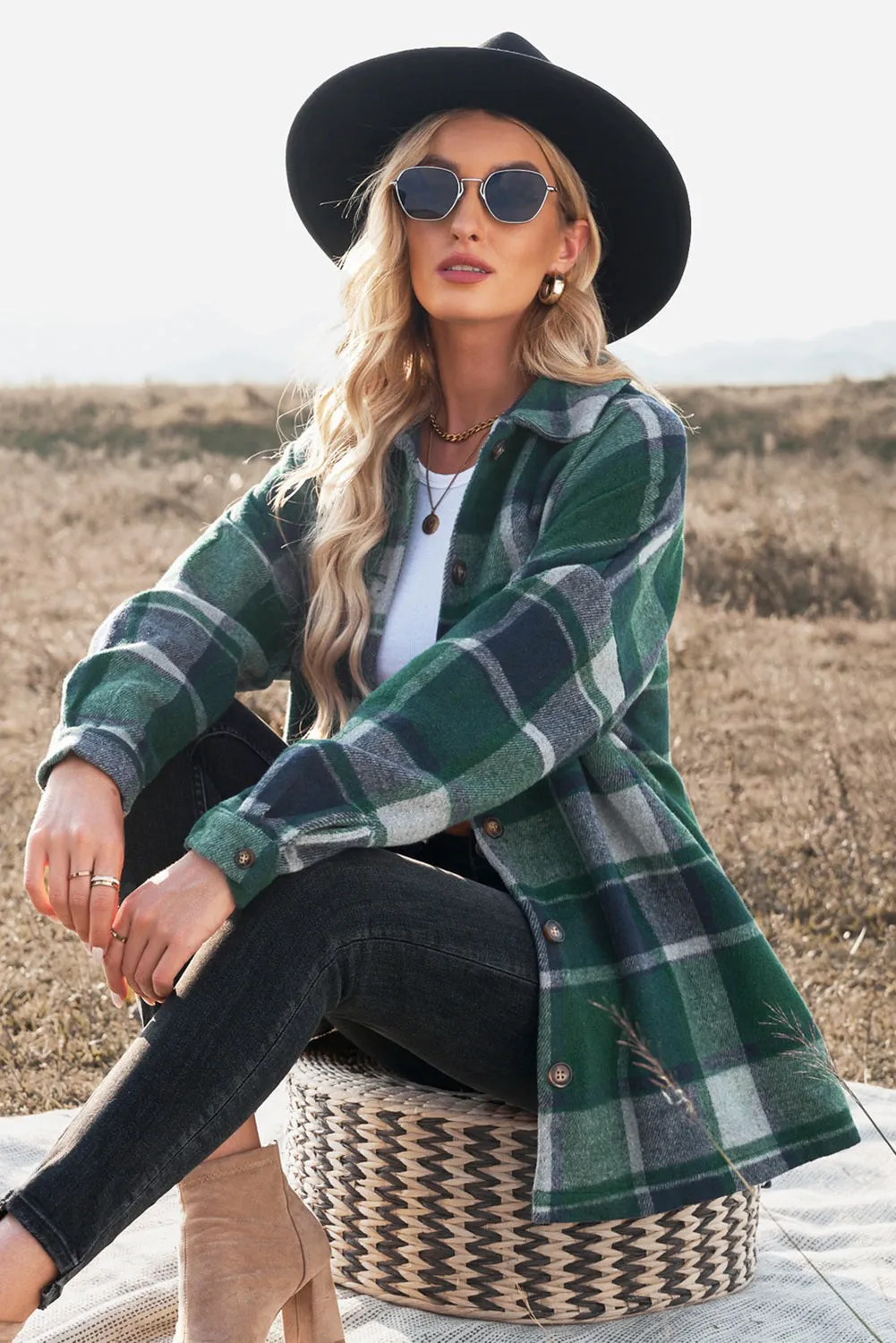 Women's Flannel Plaid Jacket Long Sleeve Buttoned Shirts Coats Shacket