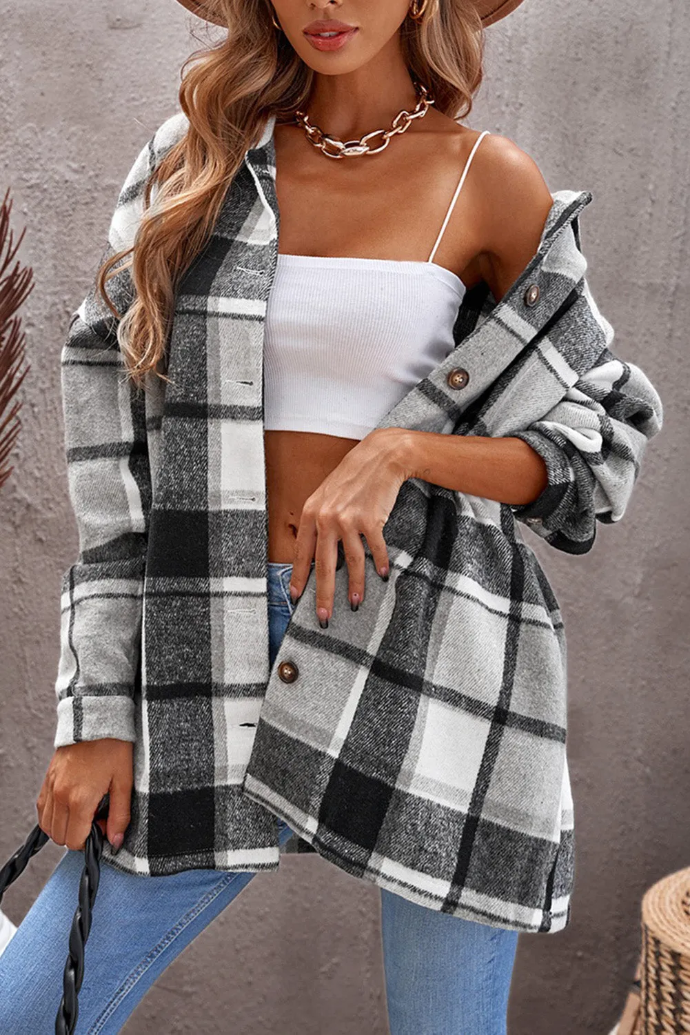 Women's Flannel Plaid Jacket Long Sleeve Buttoned Shirts Coats Shacket