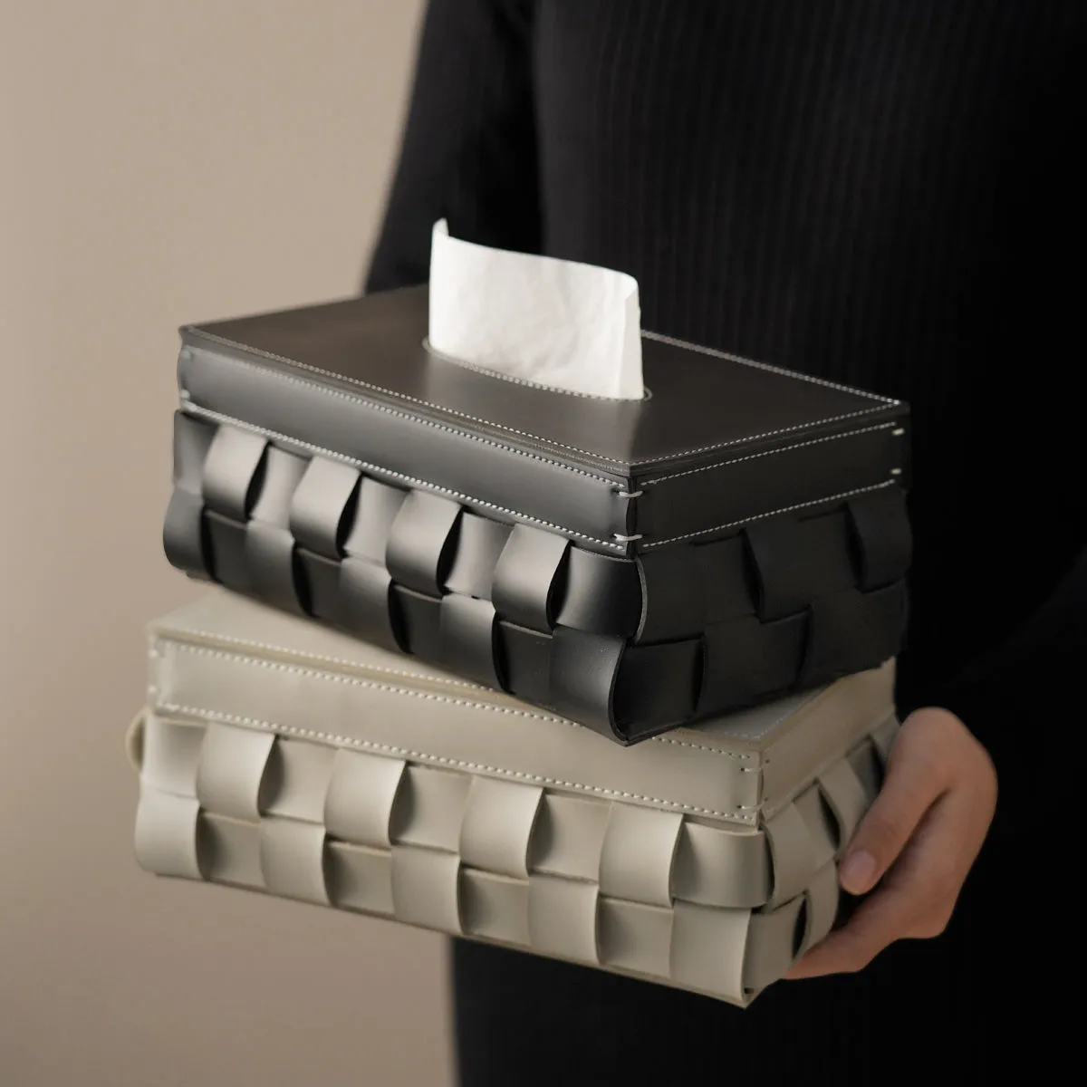 Woven Leather Tissue Box