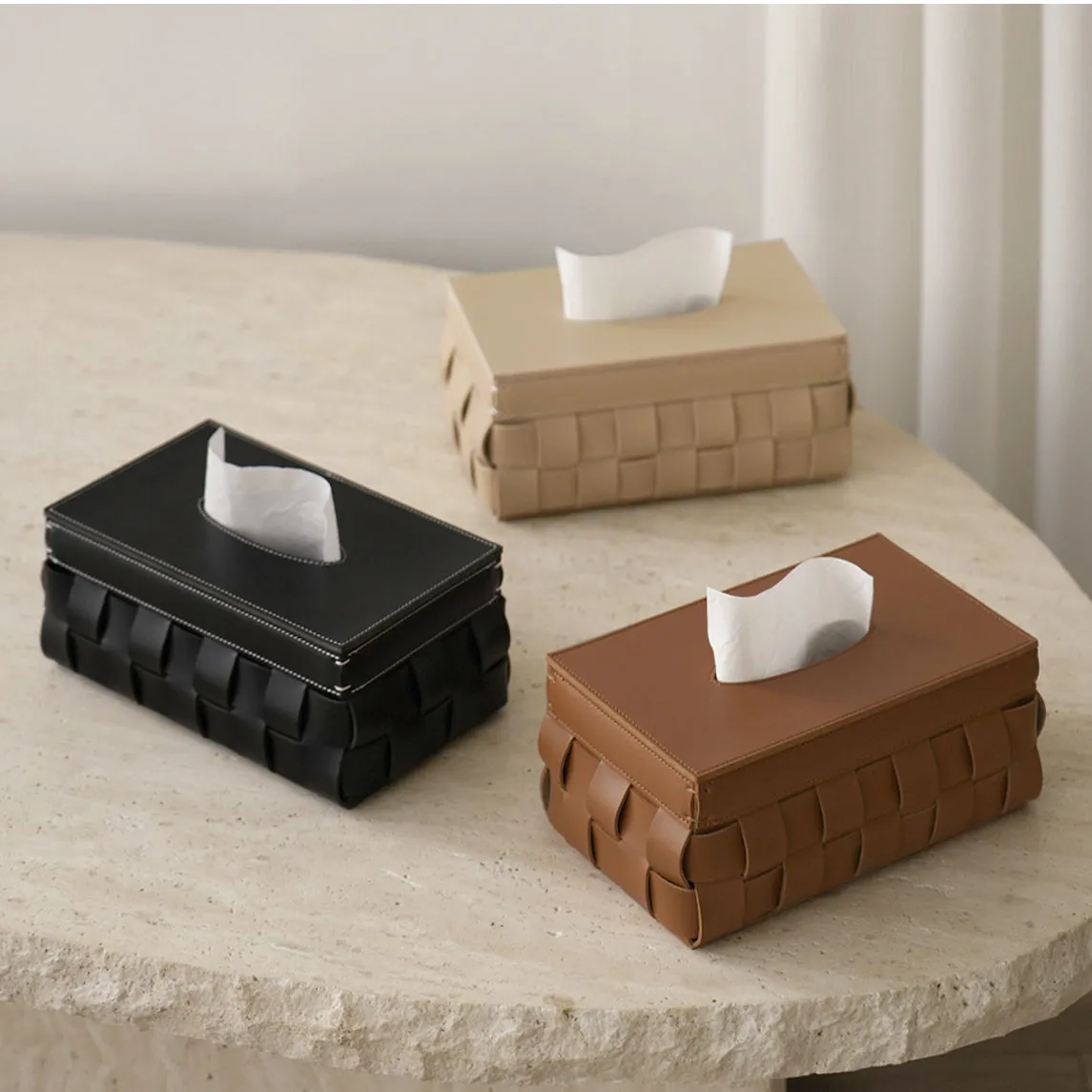 Woven Leather Tissue Box