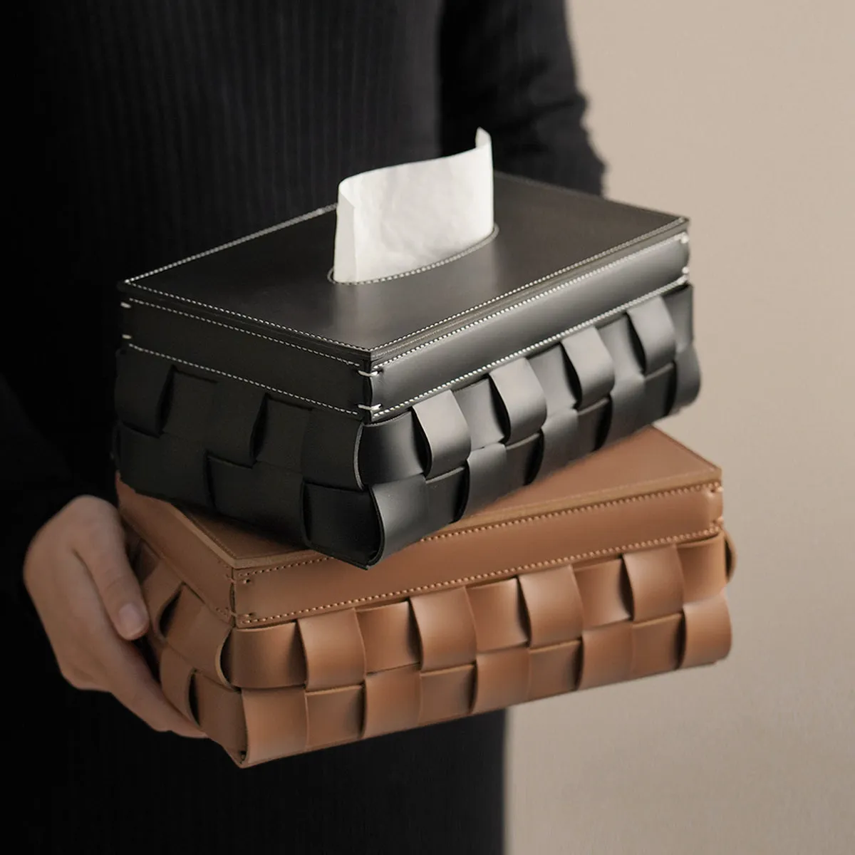Woven Leather Tissue Box